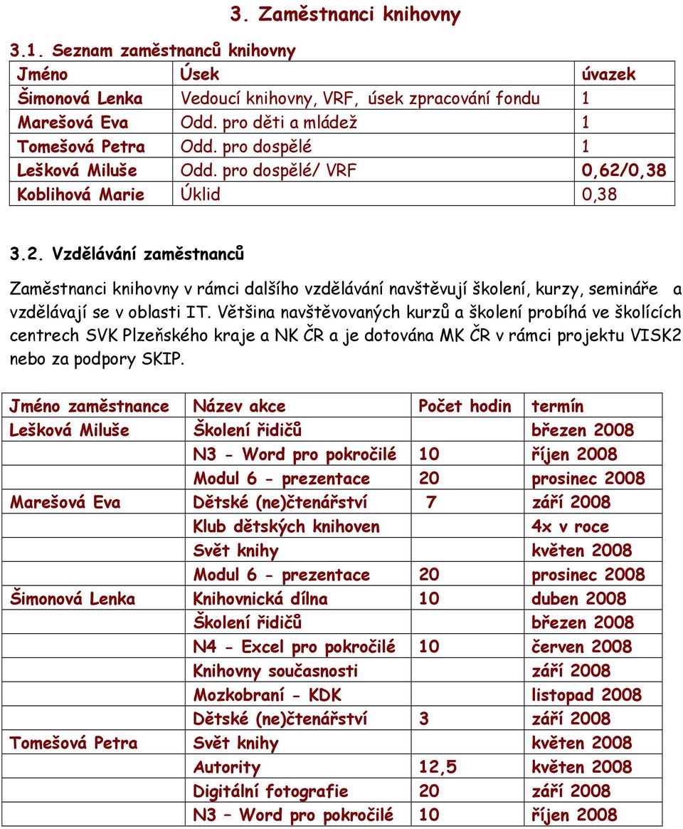 Většina navštěvovaných kurzů a školení probíhá ve školících centrech SVK Plzeňského kraje a NK ČR a je dotována MK ČR v rámci projektu VISK2 nebo za podpory SKIP.