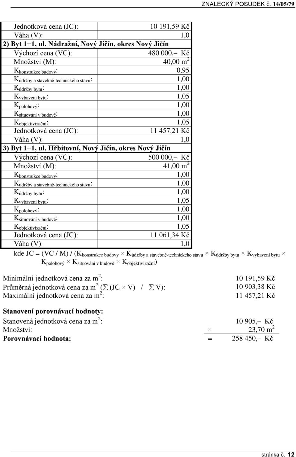 bytu : 1,05 K polohový : 1,00 K situování v budově : 1,00 K objektivizační : 1,05 Jednotková cena (JC): 11 457,21 Kč Váha (V): 1,0 3) Byt 1+1, ul.