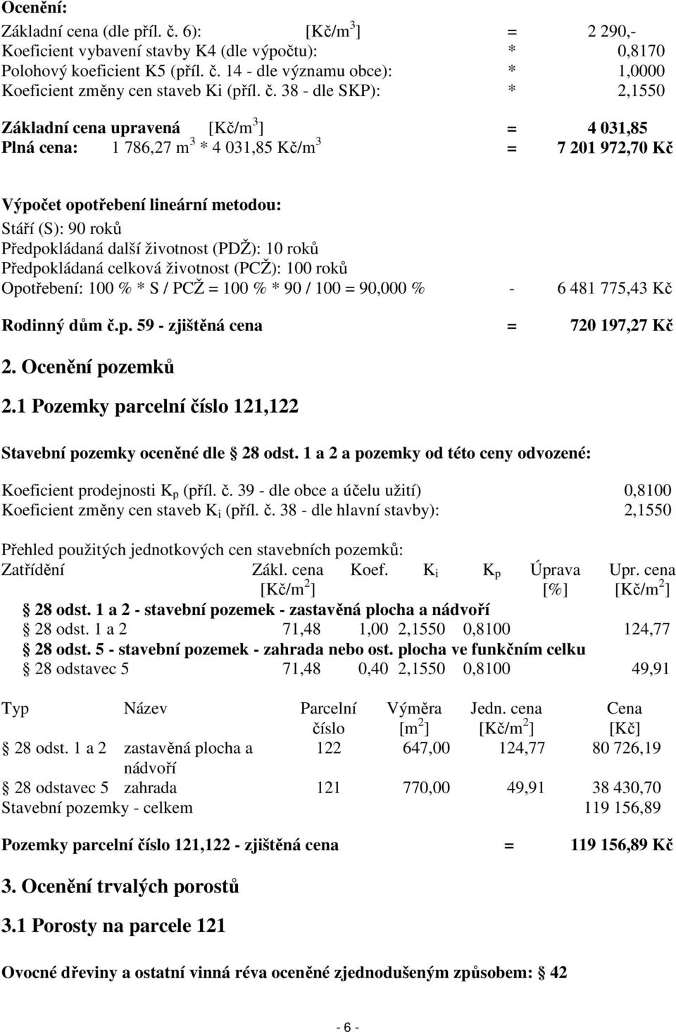 Předpokládaná další životnost (PDŽ): 10 roků Předpokládaná celková životnost (PCŽ): 100 roků Opotřebení: 100 % * S / PCŽ = 100 % * 90 / 100 = 90,000 % - 6 481 775,43 Kč Rodinný dům č.p. 59 - zjištěná cena = 720 197,27 Kč 2.