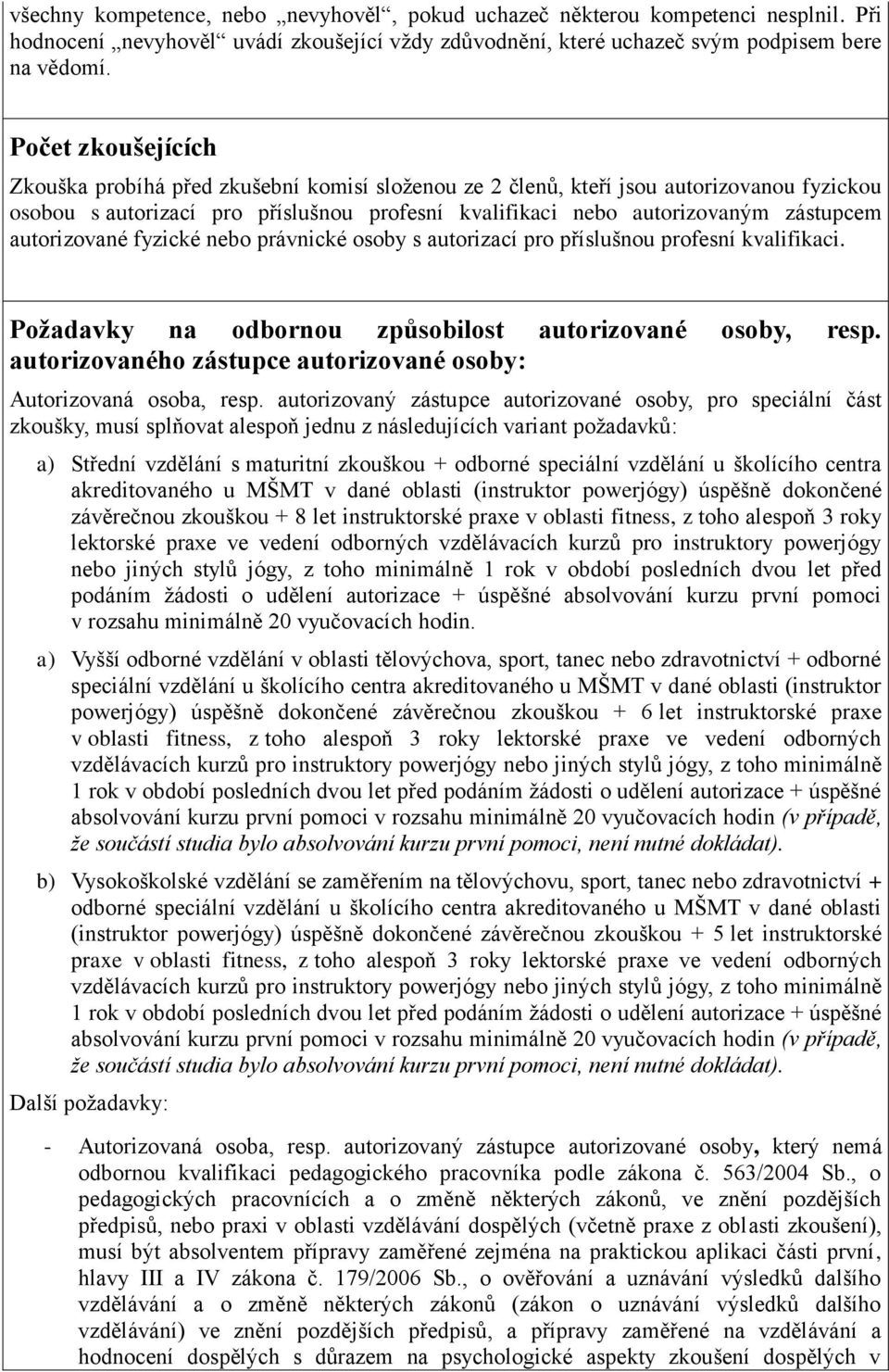 autorizované fyzické nebo právnické osoby s autorizací pro příslušnou profesní kvalifikaci. Požadavky na odbornou způsobilost autorizované osoby, resp.