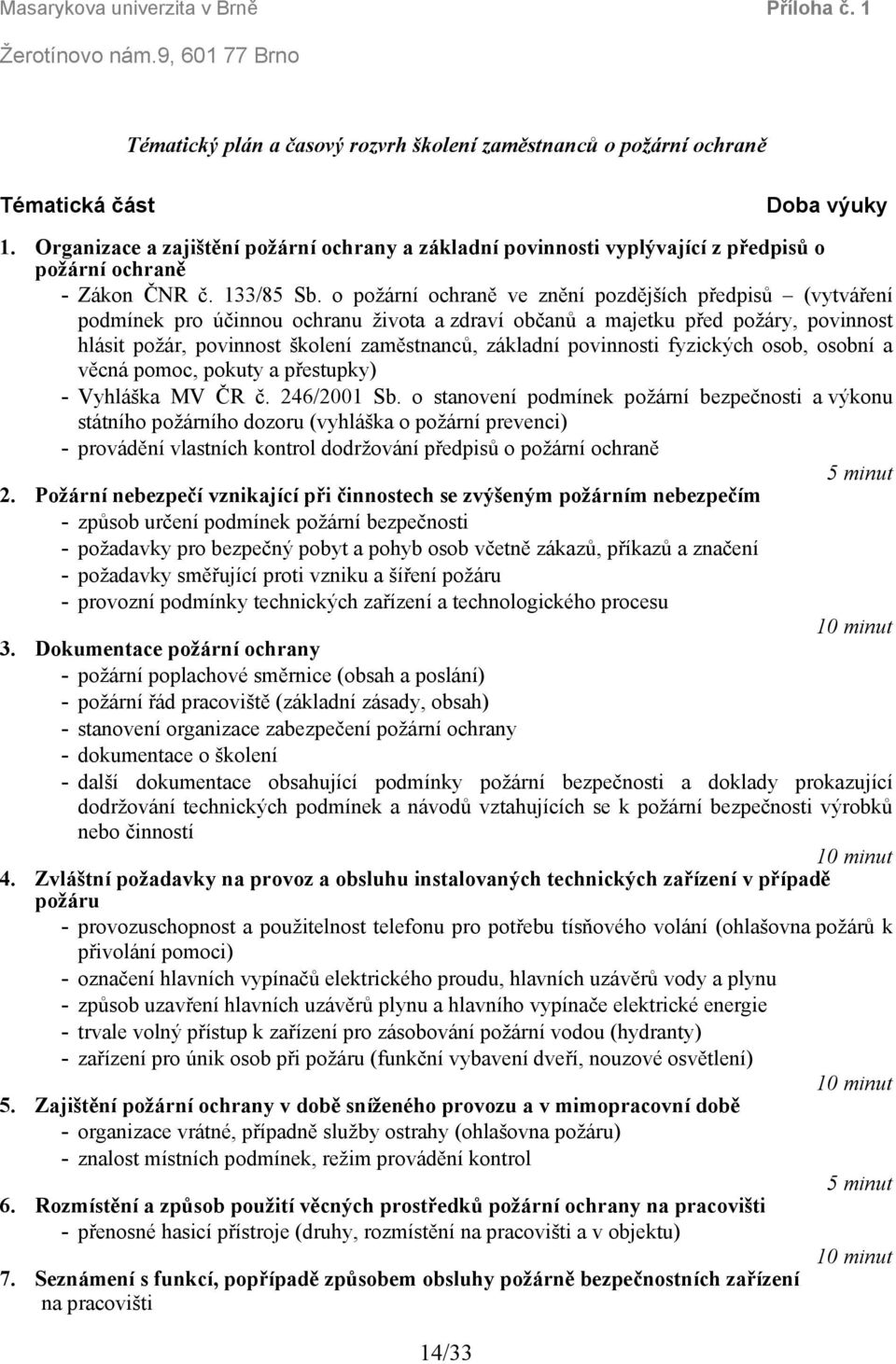 o požární ochraně ve znění pozdějších předpisů (vytváření podmínek pro účinnou ochranu života a zdraví občanů a majetku před požáry, povinnost hlásit požár, povinnost školení zaměstnanců, základní