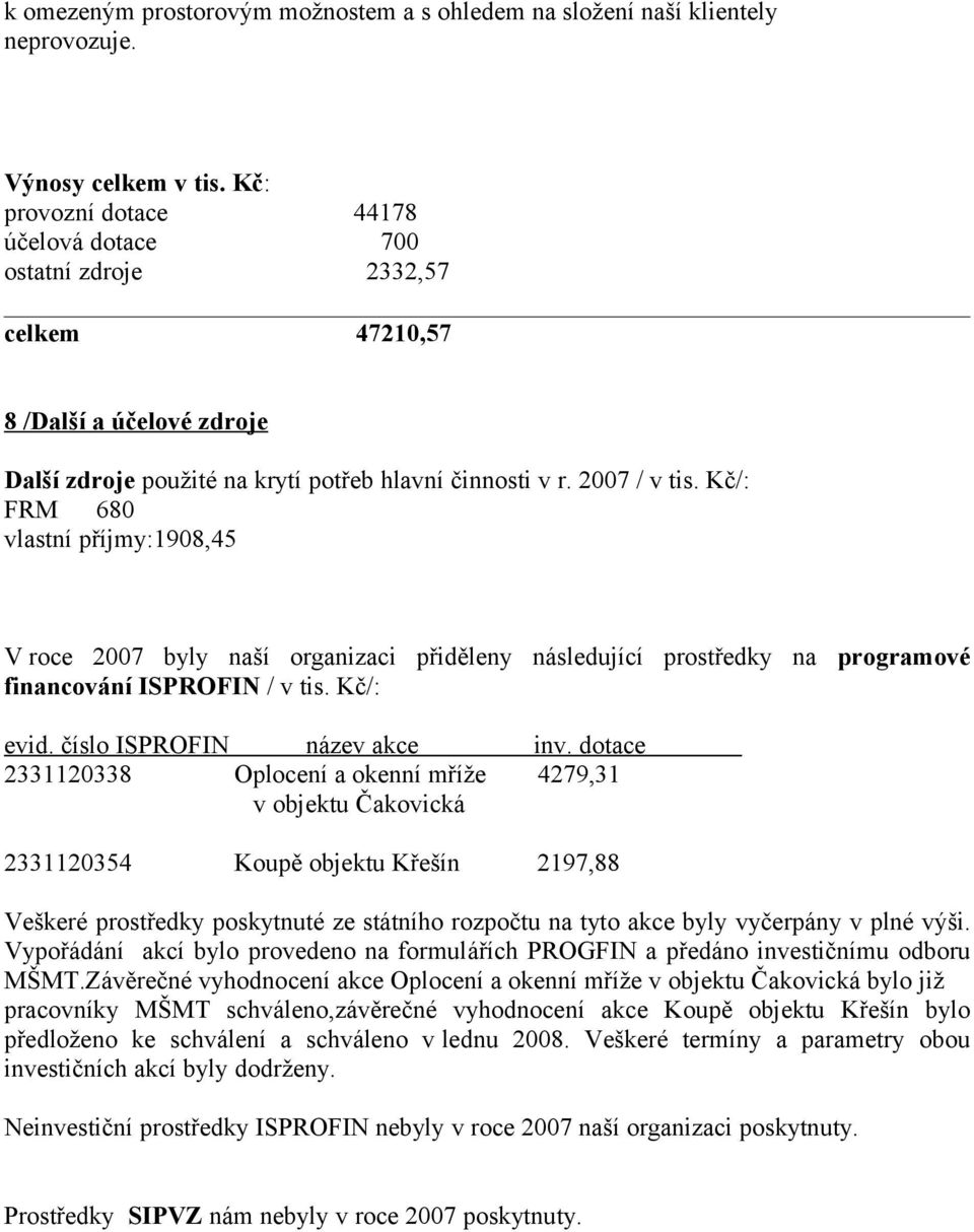 Kč/: FRM 680 vlastní příjmy:1908,45 V roce 2007 byly naší organizaci přiděleny následující prostředky na programové financování ISPROFIN / v tis. Kč/: evid. číslo ISPROFIN název akce inv.