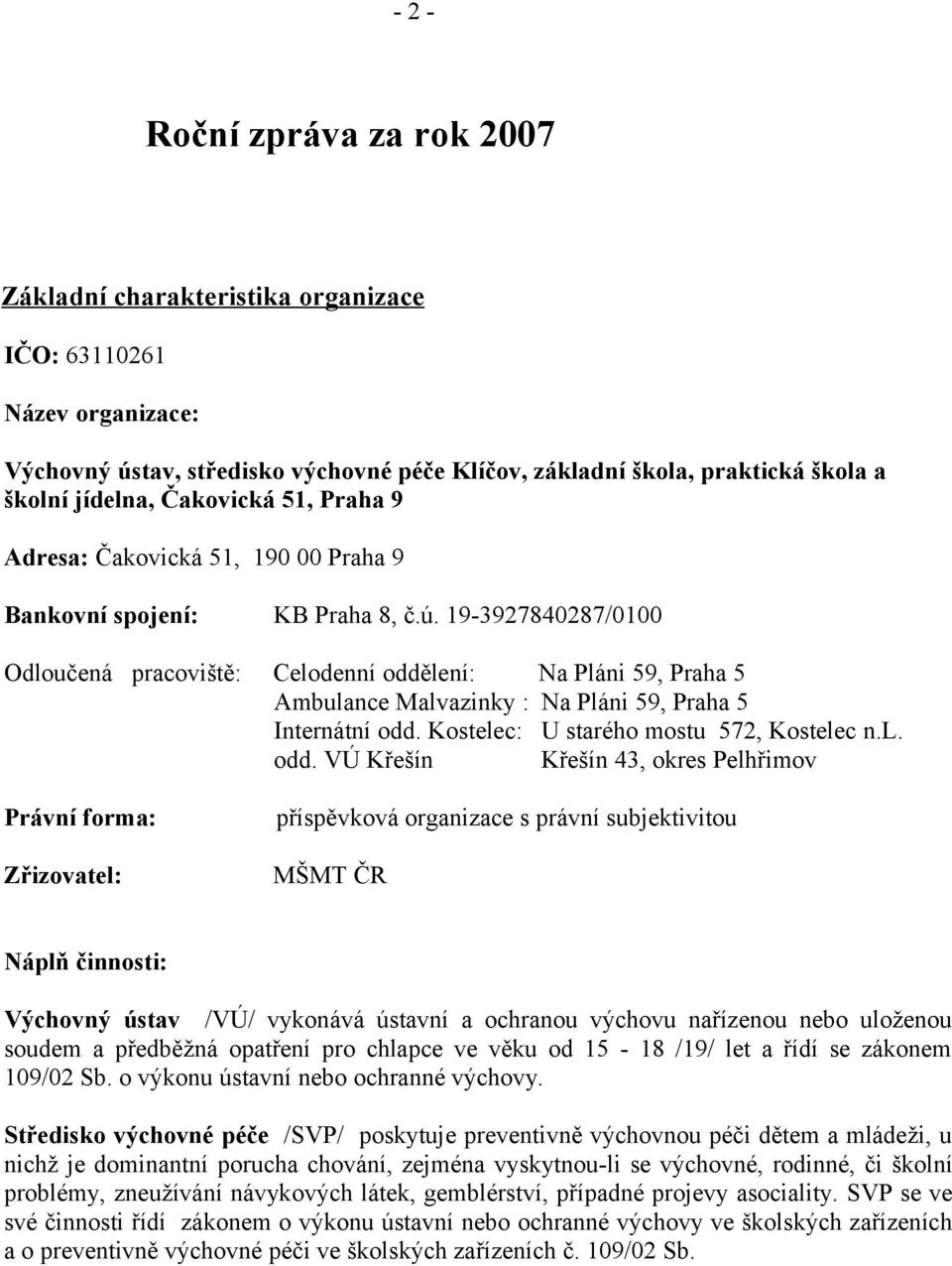 19-3927840287/0100 Odloučená pracoviště: Celodenní oddě