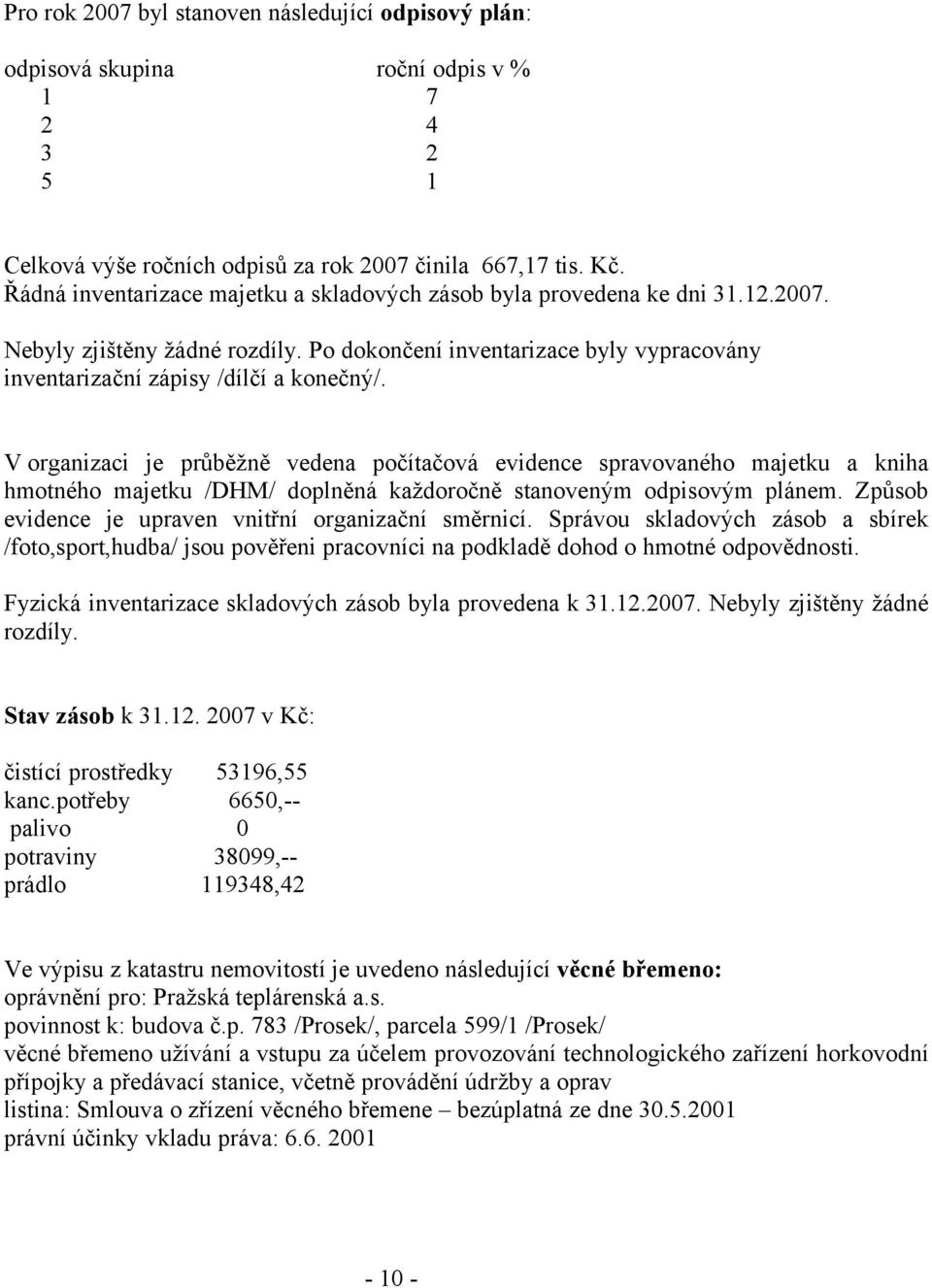 V organizaci je průběžně vedena počítačová evidence spravovaného majetku a kniha hmotného majetku /DHM/ doplněná každoročně stanoveným odpisovým plánem.