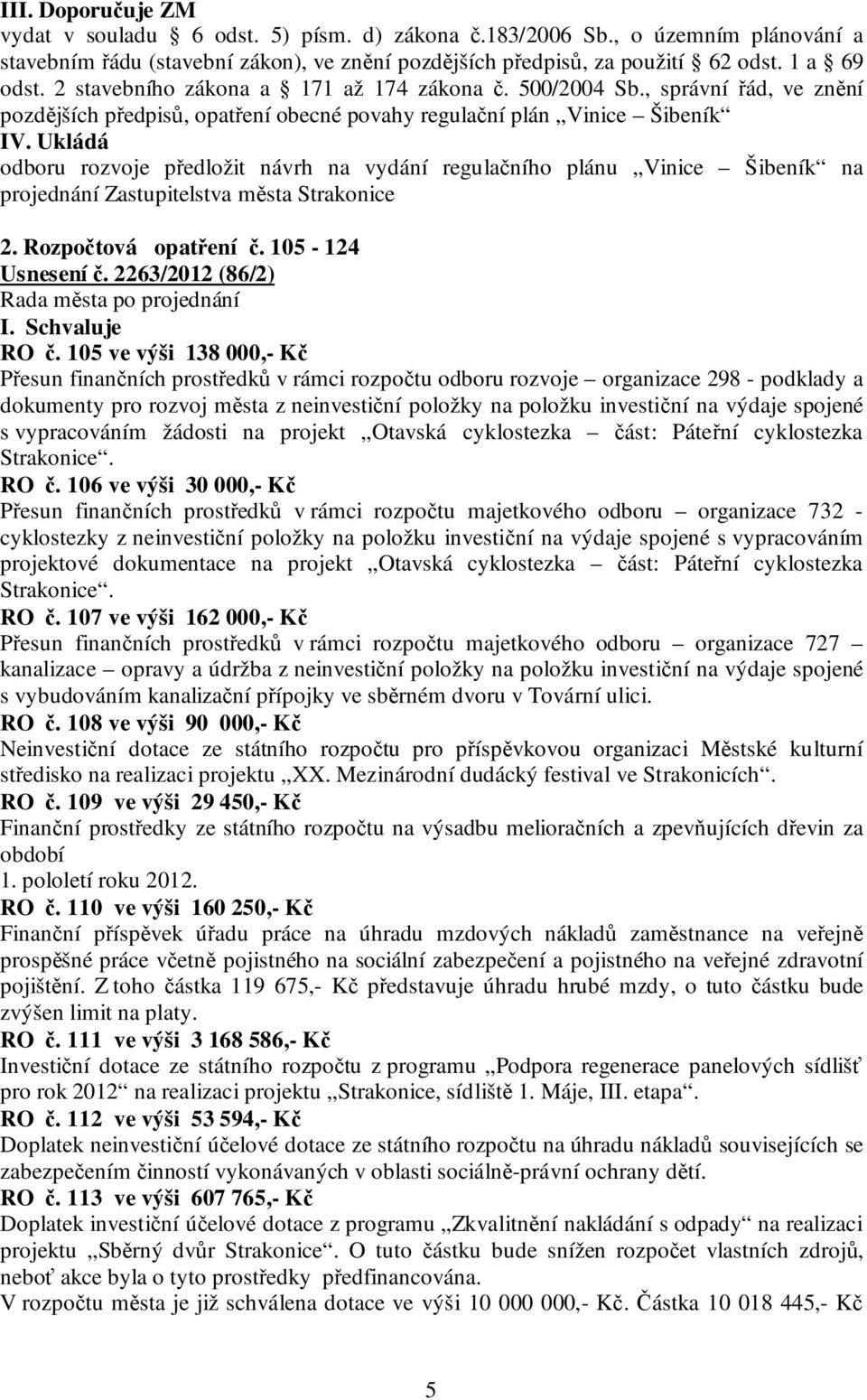 Ukládá odboru rozvoje předložit návrh na vydání regulačního plánu Vinice Šibeník na projednání Zastupitelstva města Strakonice 2. Rozpočtová opatření č. 105-124 Usnesení č. 2263/2012 (86/2) I.