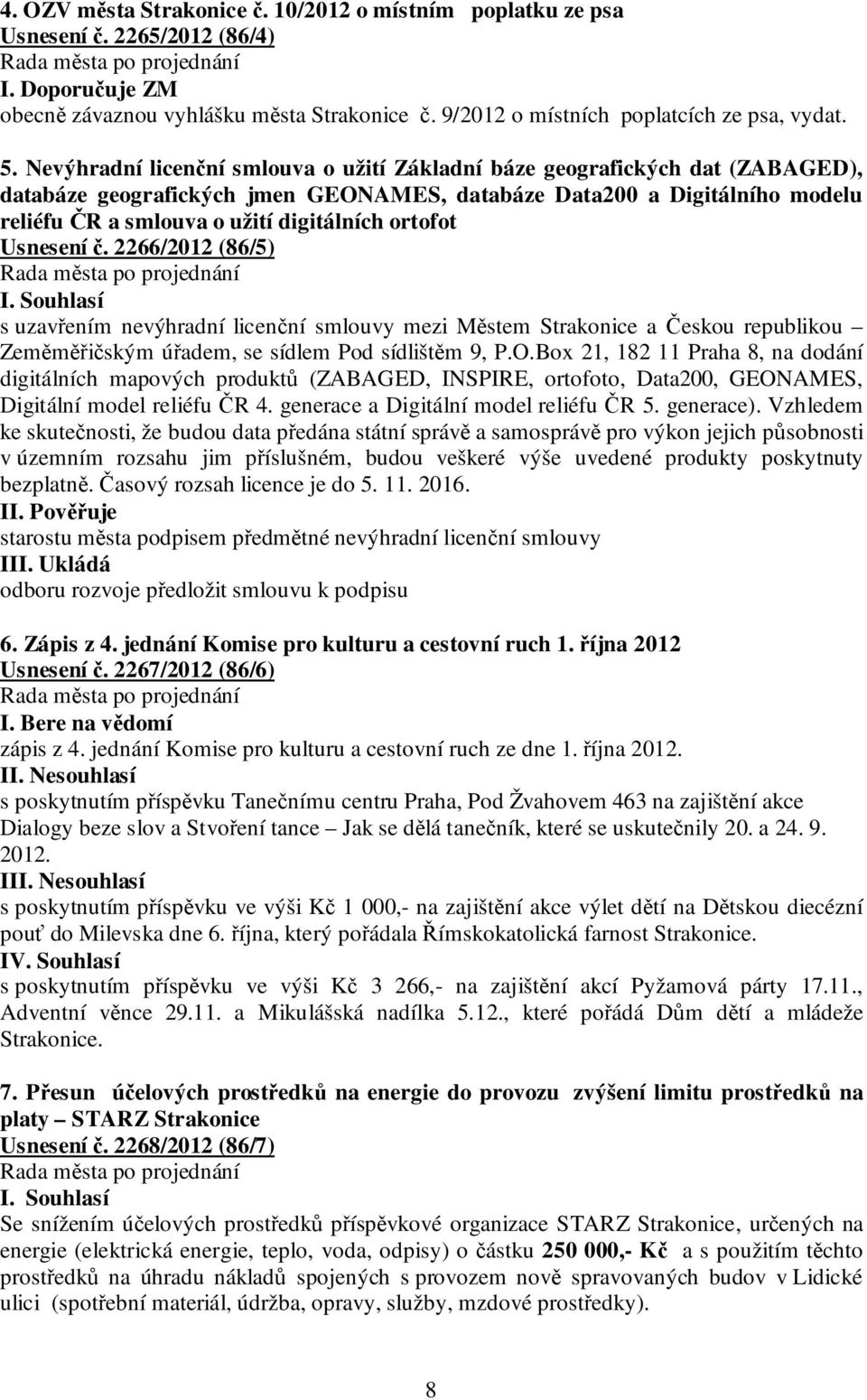 ortofot Usnesení č. 2266/2012 (86/5) s uzavřením nevýhradní licenční smlouvy mezi Městem Strakonice a Českou republikou Zeměměřičským úřadem, se sídlem Pod sídlištěm 9, P.O.