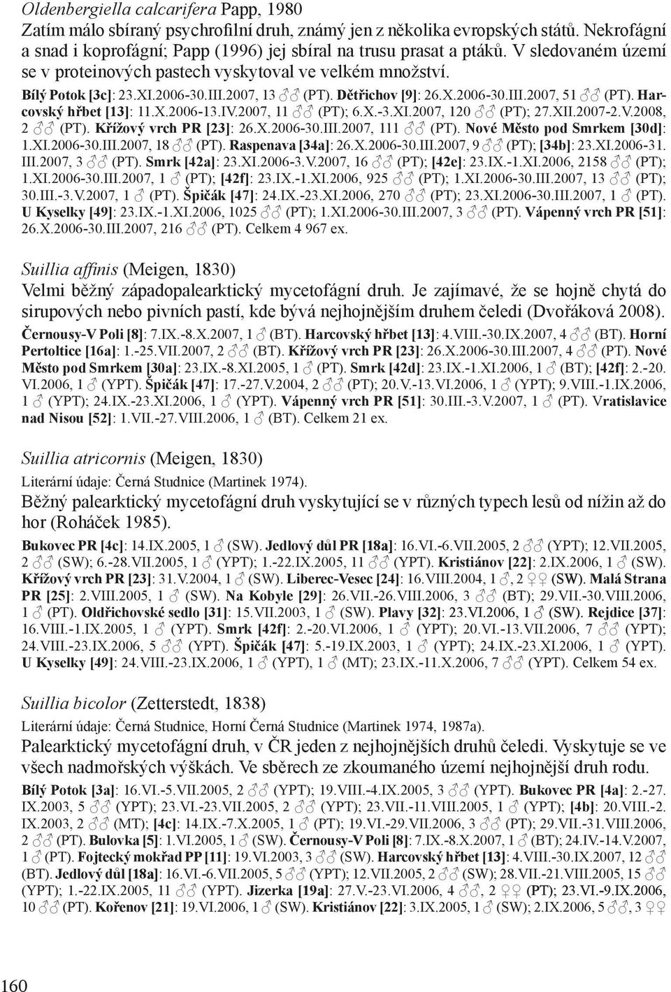 IV.2007, 11 (PT); 6.X.-3.XI.2007, 120 (PT); 27.XII.2007-2.V.2008, 2 (PT). Křížový vrch PR [23]: 26.X.2006-30.III.2007, 111 (PT). Nové Město pod Smrkem [30d]: 1.XI.2006-30.III.2007, 18 (PT).