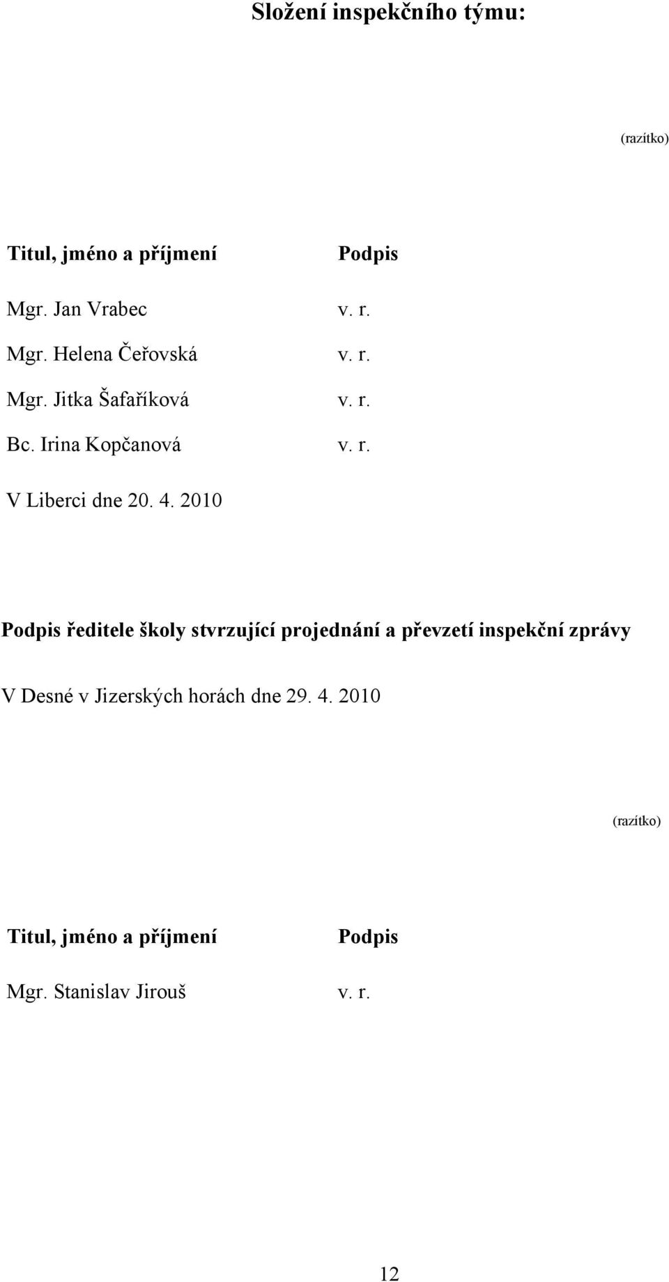 2010 Podpis ředitele školy stvrzující projednání a převzetí inspekční zprávy V Desné v