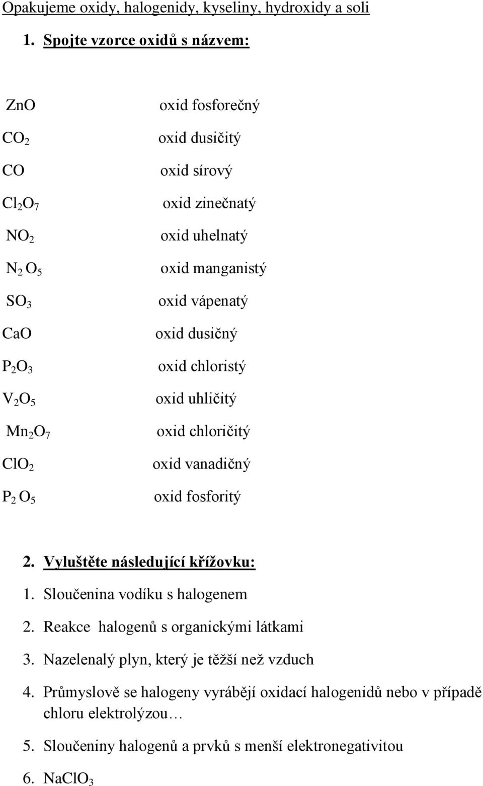 zinečnatý oxid uhelnatý oxid manganistý oxid vápenatý oxid dusičný oxid chloristý oxid uhličitý oxid chloričitý oxid vanadičný oxid fosforitý 2.