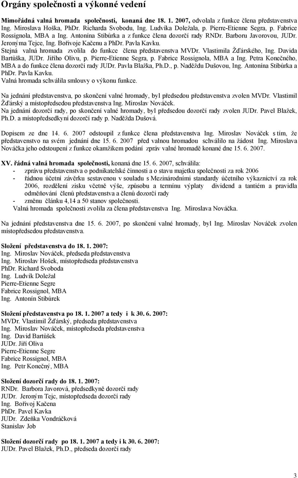 Pavla Kavku. Stejná valná hromada zvolila do funkce člena představenstva MVDr. Vlastimila Žďárského, Ing. Davida Bartůška, JUDr. Jiřího Olivu, p. Pierre-Etienne Segra, p.