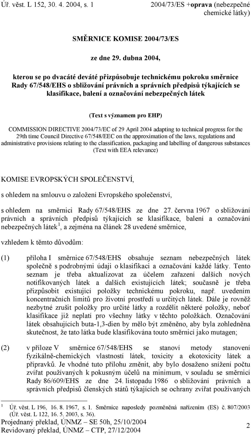 nebezpečných látek (ext s významem pro EHP) COMMISSION DIRECIVE 2004/73/EC of 29 April 2004 adapting to technical progress for the 29th time Council Directive 67/548/EEC on the approximation of the