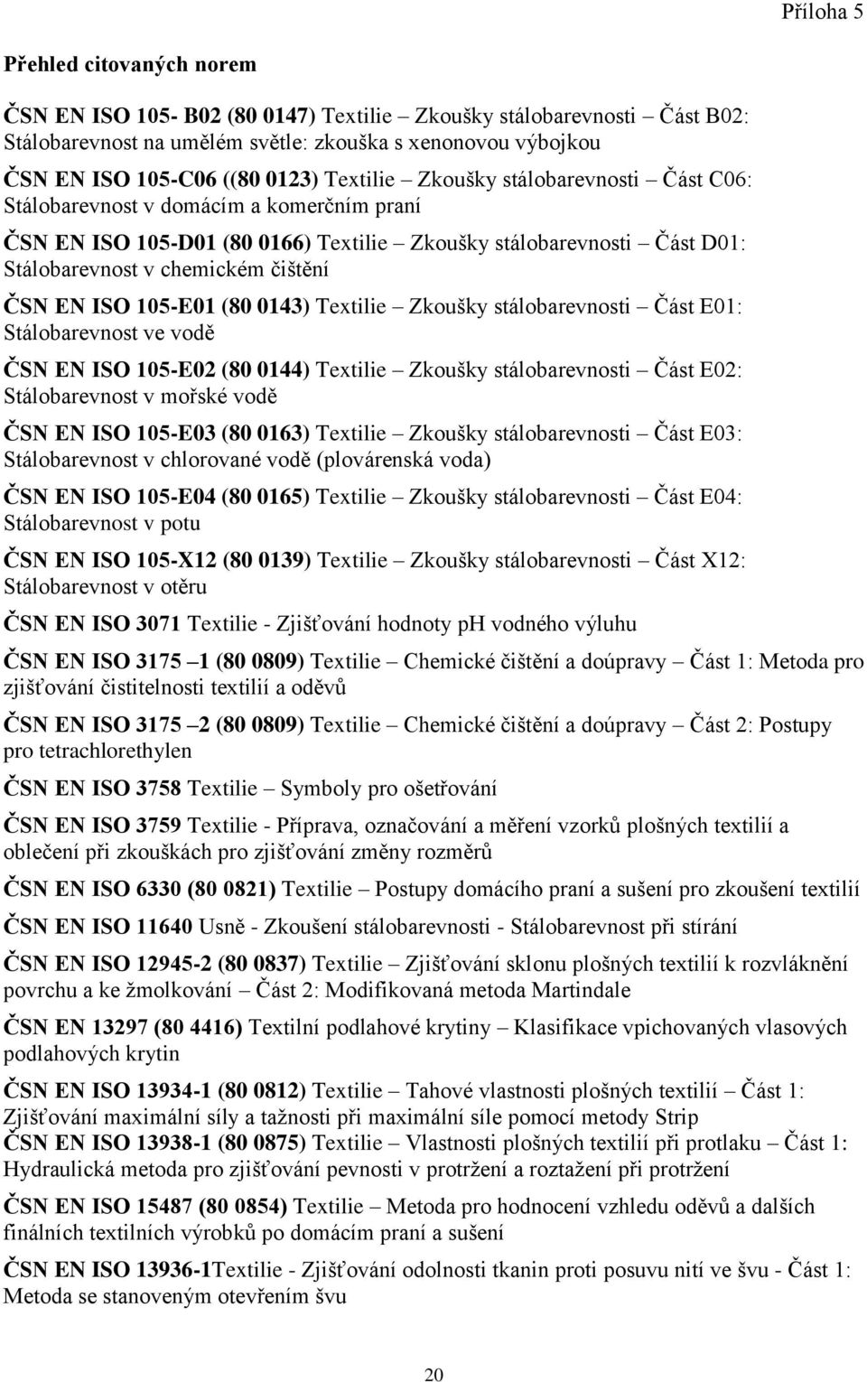 ISO 105-E01 (80 0143) Textilie Zkoušky stálobarevnosti Část E01: Stálobarevnost ve vodě ČSN EN ISO 105-E0 (80 0144) Textilie Zkoušky stálobarevnosti Část E0: Stálobarevnost v mořské vodě ČSN EN ISO