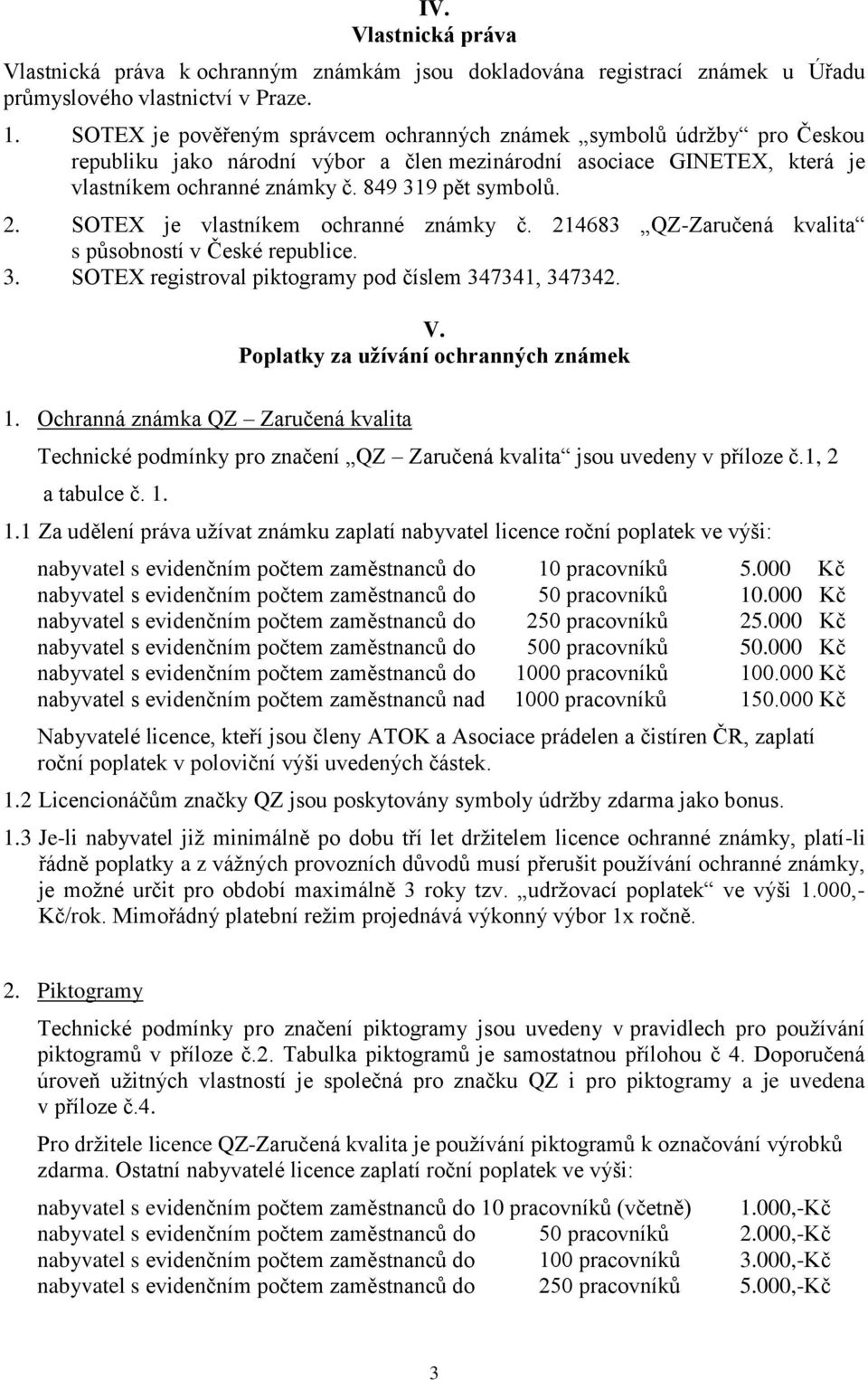 . SOTEX je vlastníkem ochranné známky č. 14683 QZ-Zaručená kvalita s působností v České republice. 3. SOTEX registroval piktogramy pod číslem 347341, 34734. V. Poplatky za užívání ochranných známek 1.