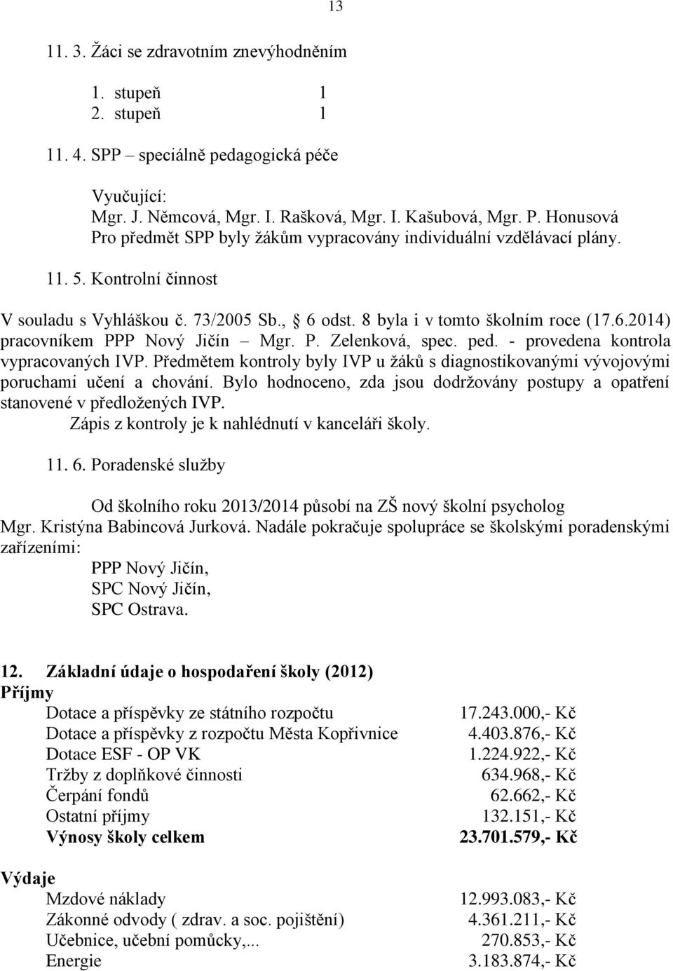 P. Zelenková, spec. ped. - provedena kontrola vypracovaných IVP. Předmětem kontroly byly IVP u žáků s diagnostikovanými vývojovými poruchami učení a chování.