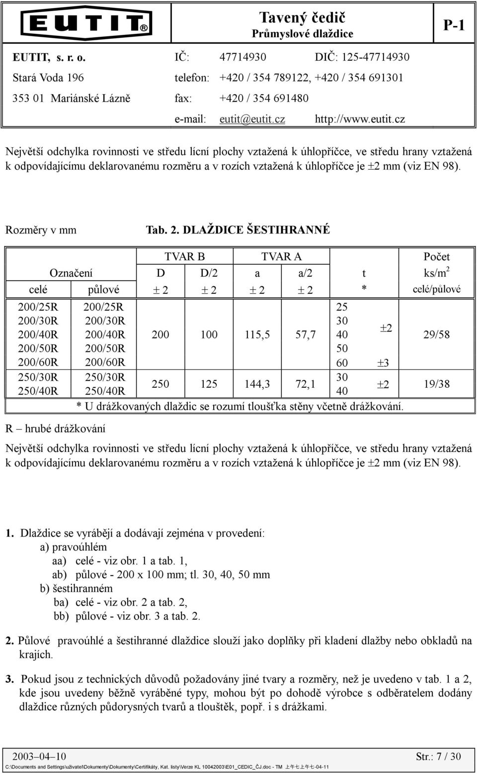 DLAŽDICE ŠESTIHRANNÉ TVAR B TVAR A Počet Označení D D/2 a a/2 t ks/m 2 celé půlové ± 2 ± 2 ± 2 ± 2 * celé/půlové 200/25R 200/25R 25 200/30R 200/30R 30 ±2 200/40R 200/40R 200 100 115,5 57,7 40 29/58