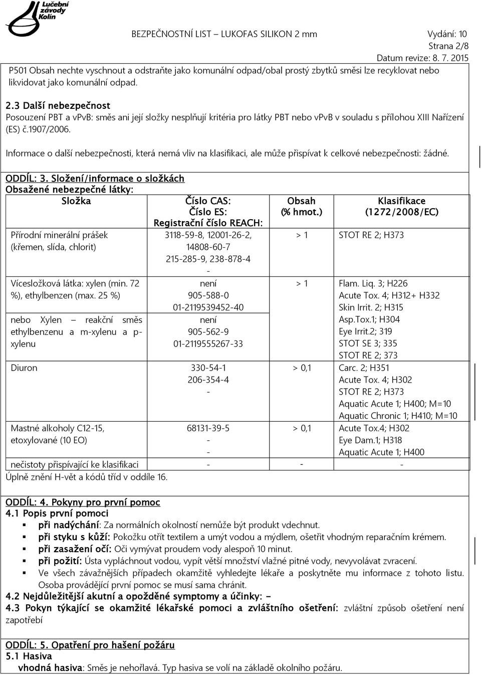 Složení/informace o složkách Obsažené nebezpečné látky: Složka Číslo CAS: Číslo ES: Registrační číslo REACH: Přírodní minerální prášek (křemen, slída, chlorit) Vícesložková látka: xylen (min.