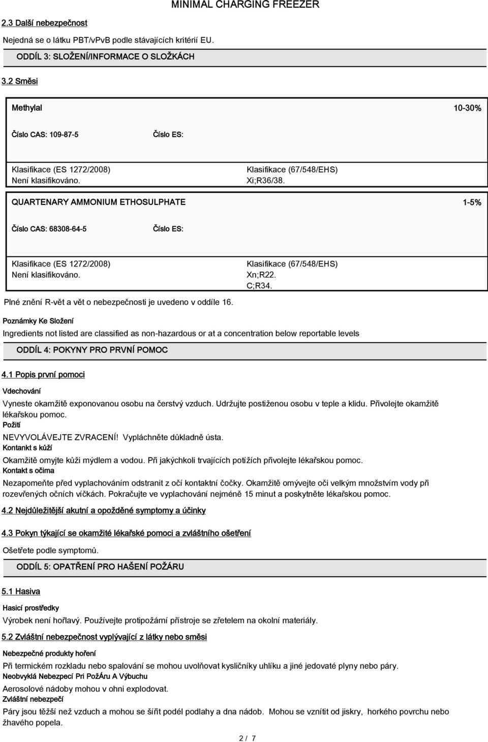 QUARTENARY AMMONIUM ETHOSULPHATE 1-5% Číslo CAS: 68308-64-5 Číslo ES: Klasifikace (ES 1272/2008) Klasifikace (67/548/EHS) Xn;R22. C;R34. Plné znění R-vět a vět o nebezpečnosti je uvedeno v oddíle 16.