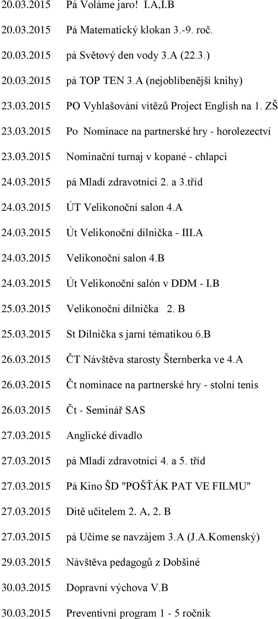 A 24.03.2015 Velikonoční salon 4.B 24.03.2015 Út Velikonoční salón v DDM - I.B 25.03.2015 Velikonoční dílnička 2. B 25.03.2015 St Dílnička s jarní tématikou 6.B 26.03.2015 ČT Návštěva starosty Šternberka ve 4.