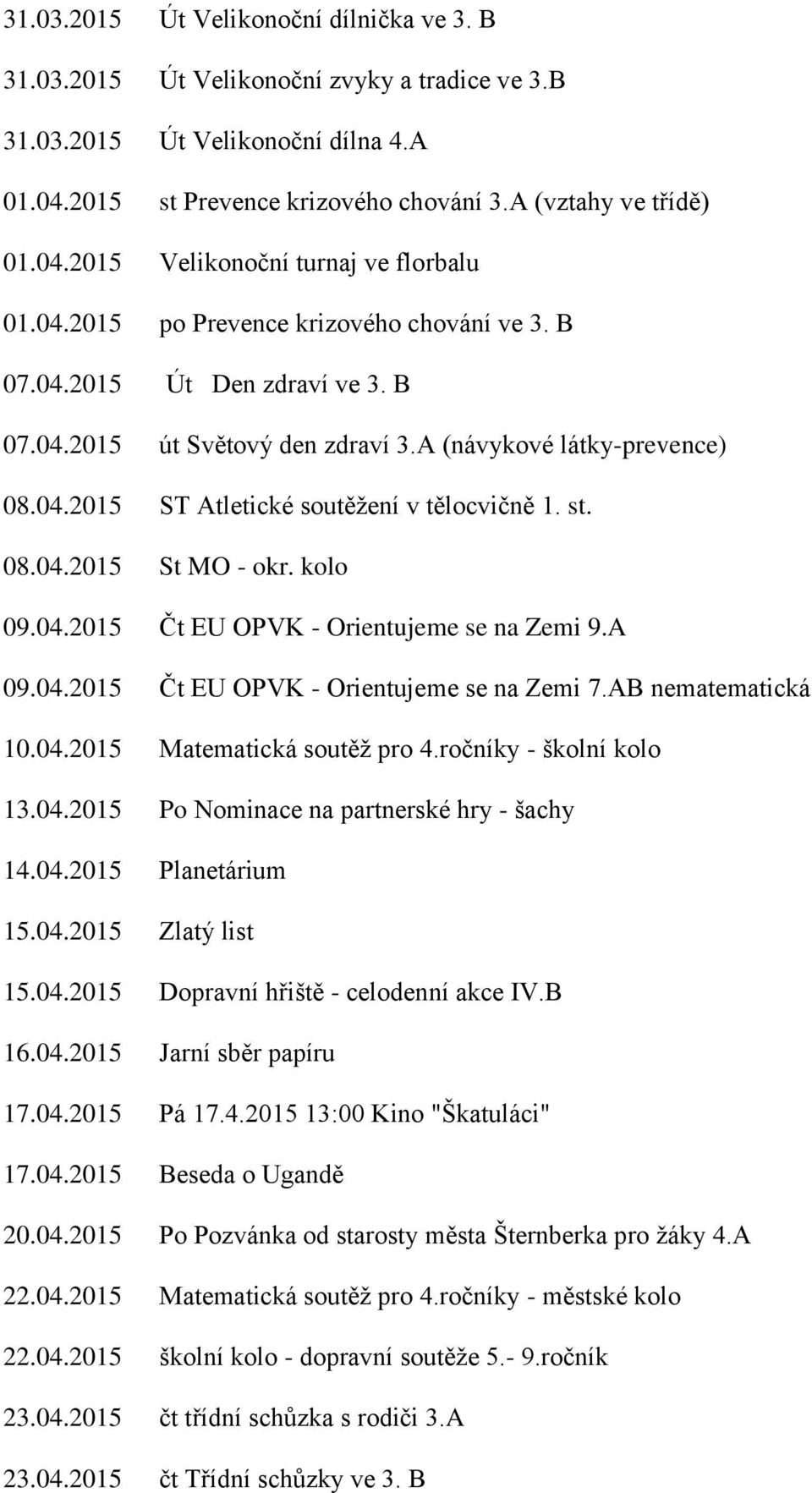 kolo 09.04.2015 Čt EU OPVK - Orientujeme se na Zemi 9.A 09.04.2015 Čt EU OPVK - Orientujeme se na Zemi 7.AB nematematická 10.04.2015 Matematická soutěž pro 4.ročníky - školní kolo 13.04.2015 Po Nominace na partnerské hry - šachy 14.