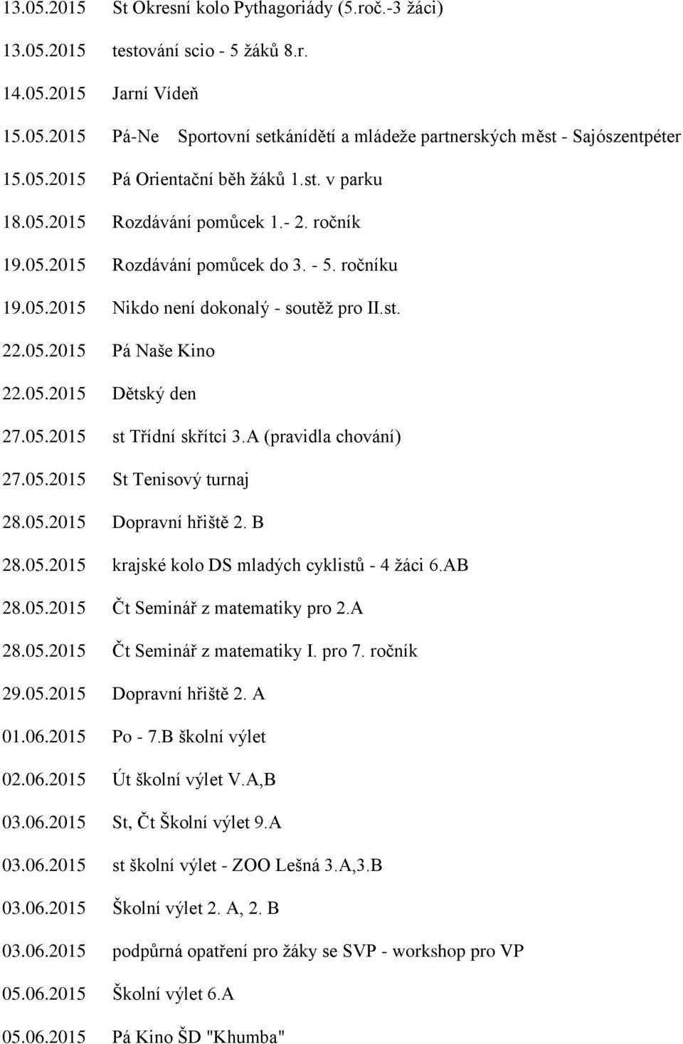 05.2015 Dětský den 27.05.2015 st Třídní skřítci 3.A (pravidla chování) 27.05.2015 St Tenisový turnaj 28.05.2015 Dopravní hřiště 2. B 28.05.2015 krajské kolo DS mladých cyklistů - 4 žáci 6.AB 28.05.2015 Čt Seminář z matematiky pro 2.