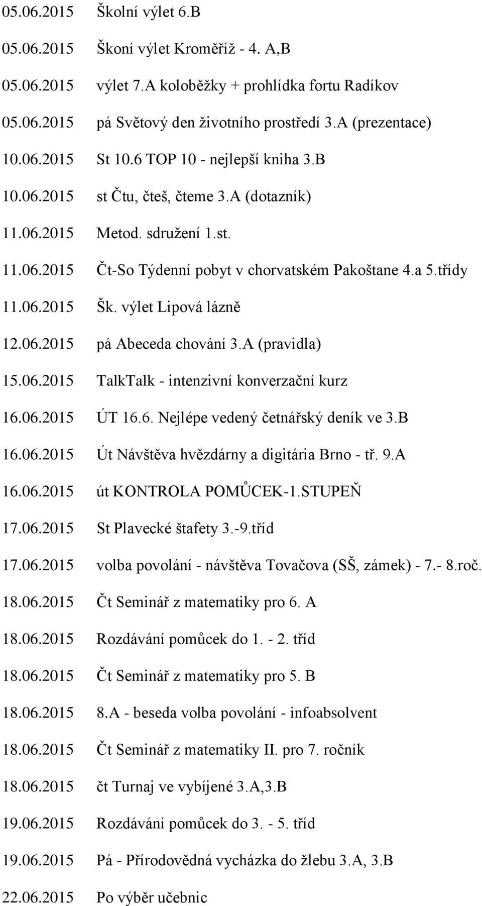 výlet Lipová lázně 12.06.2015 pá Abeceda chování 3.A (pravidla) 15.06.2015 TalkTalk - intenzivní konverzační kurz 16.06.2015 ÚT 16.6. Nejlépe vedený četnářský deník ve 3.B 16.06.2015 Út Návštěva hvězdárny a digitária Brno - tř.