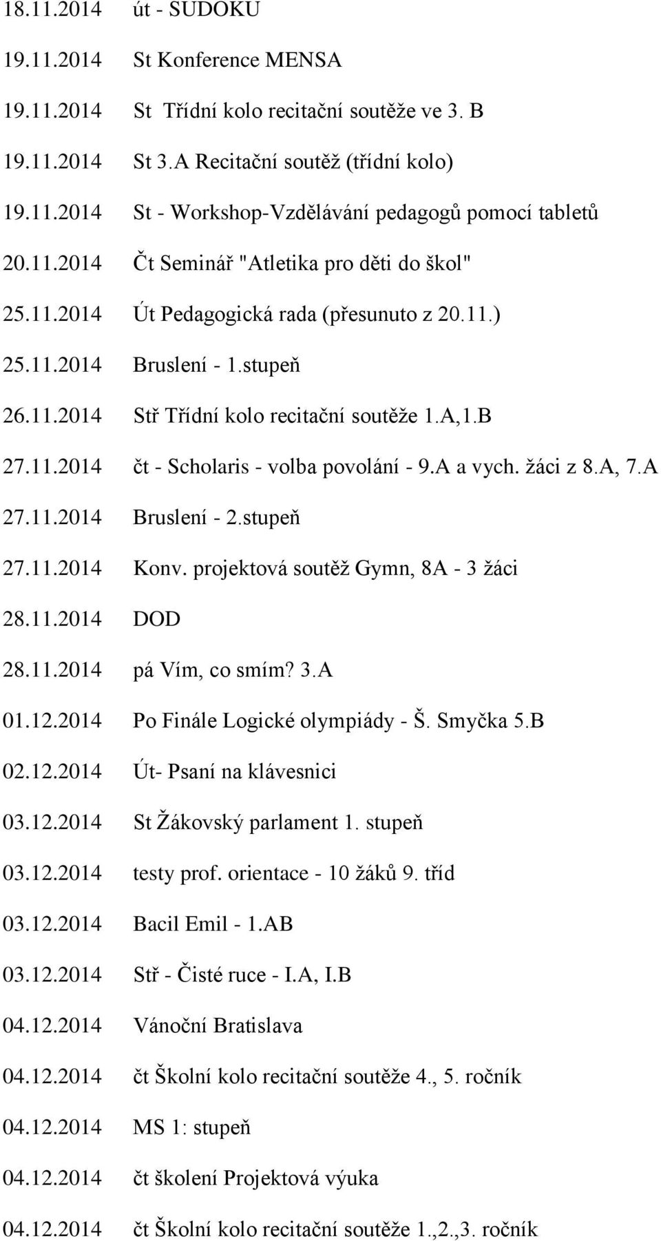 A a vych. žáci z 8.A, 7.A 27.11.2014 Bruslení - 2.stupeň 27.11.2014 Konv. projektová soutěž Gymn, 8A - 3 žáci 28.11.2014 DOD 28.11.2014 pá Vím, co smím? 3.A 01.12.2014 Po Finále Logické olympiády - Š.