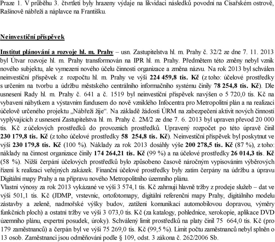 Na rok 2013 byl schválen neinvestiční příspěvek z rozpočtu hl. m. Prahy ve výši 224 459,8 tis.