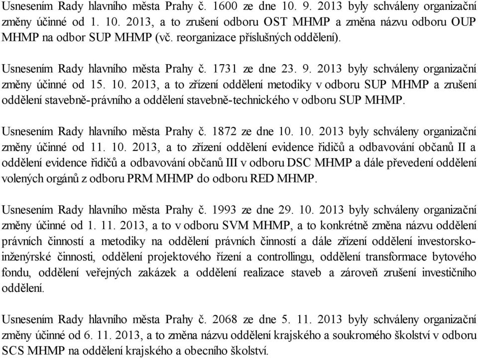 2013, a to zřízení oddělení metodiky v odboru SUP MHMP a zrušení oddělení stavebně-právního a oddělení stavebně-technického v odboru SUP MHMP. Usnesením Rady hlavního města Prahy č. 1872 ze dne 10.