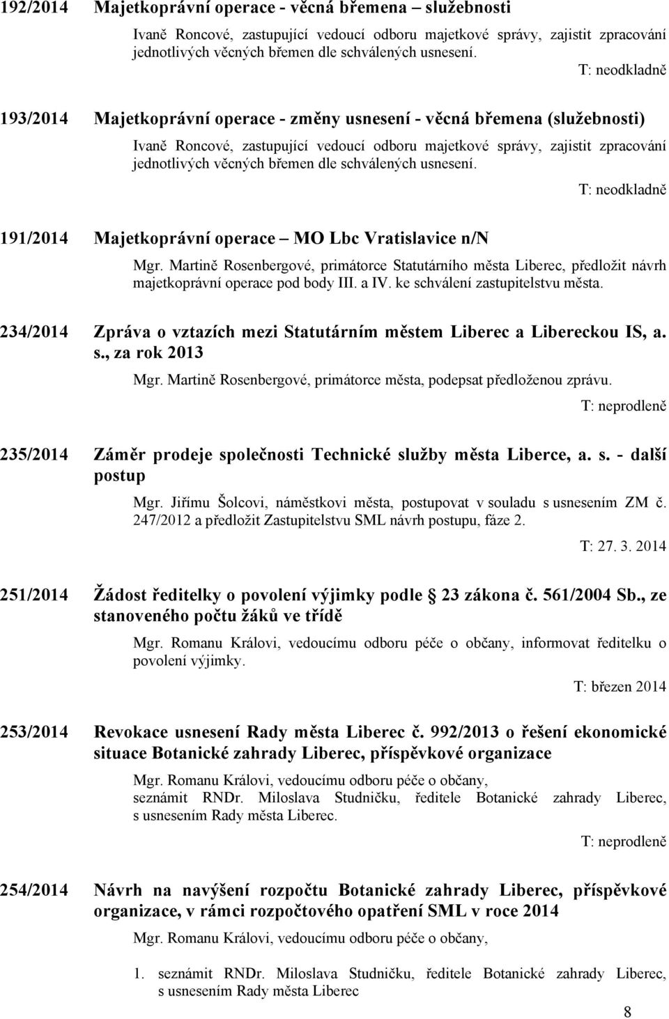 schválených usnesení. 191/2014 Majetkoprávní operace MO Lbc Vratislavice n/n Mgr. Martině Rosenbergové, primátorce Statutárního města Liberec, předložit návrh majetkoprávní operace pod body III. a IV.