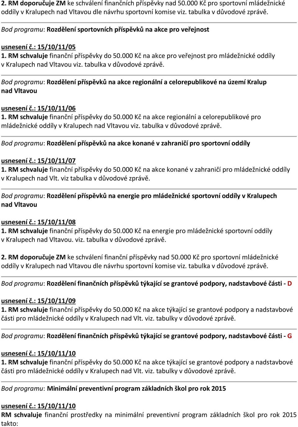 000 Kč na akce pro veřejnost pro mládežnické oddíly v Kralupech nad Vltavou viz. tabulka v důvodové zprávě.