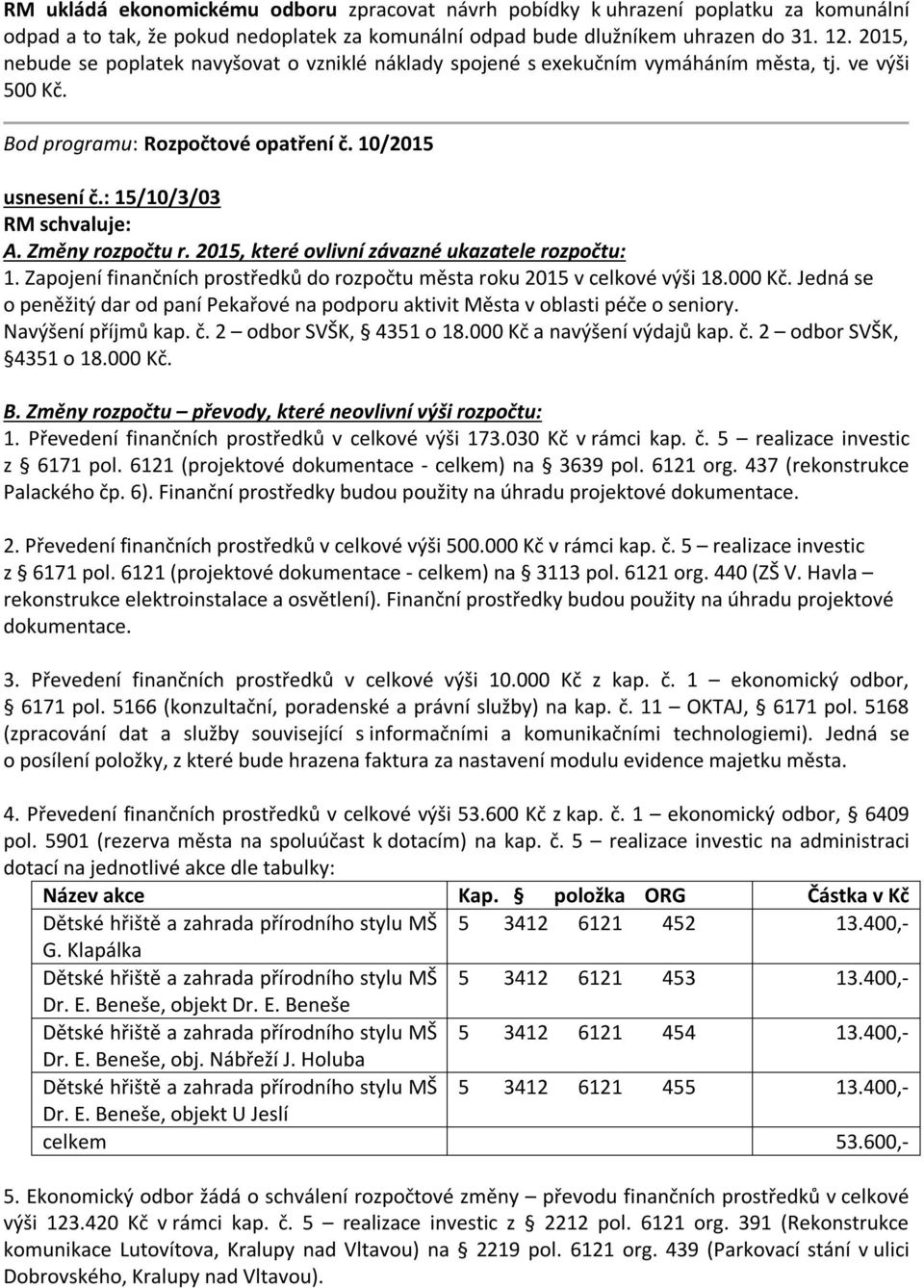 Změny rozpočtu r. 2015, které ovlivní závazné ukazatele rozpočtu: 1. Zapojení finančních prostředků do rozpočtu města roku 2015 v celkové výši 18.000 Kč.