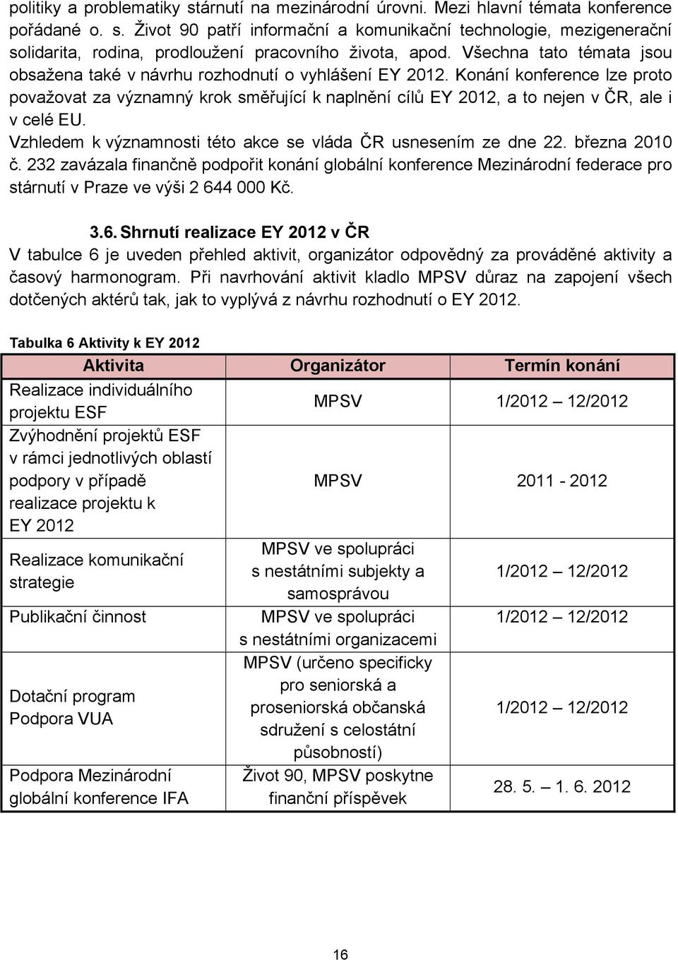 Konání konference lze proto považovat za významný krok směřující k naplnění cílů EY 2012, a to nejen v ČR, ale i v celé EU. Vzhledem k významnosti této akce se vláda ČR usnesením ze dne 22.