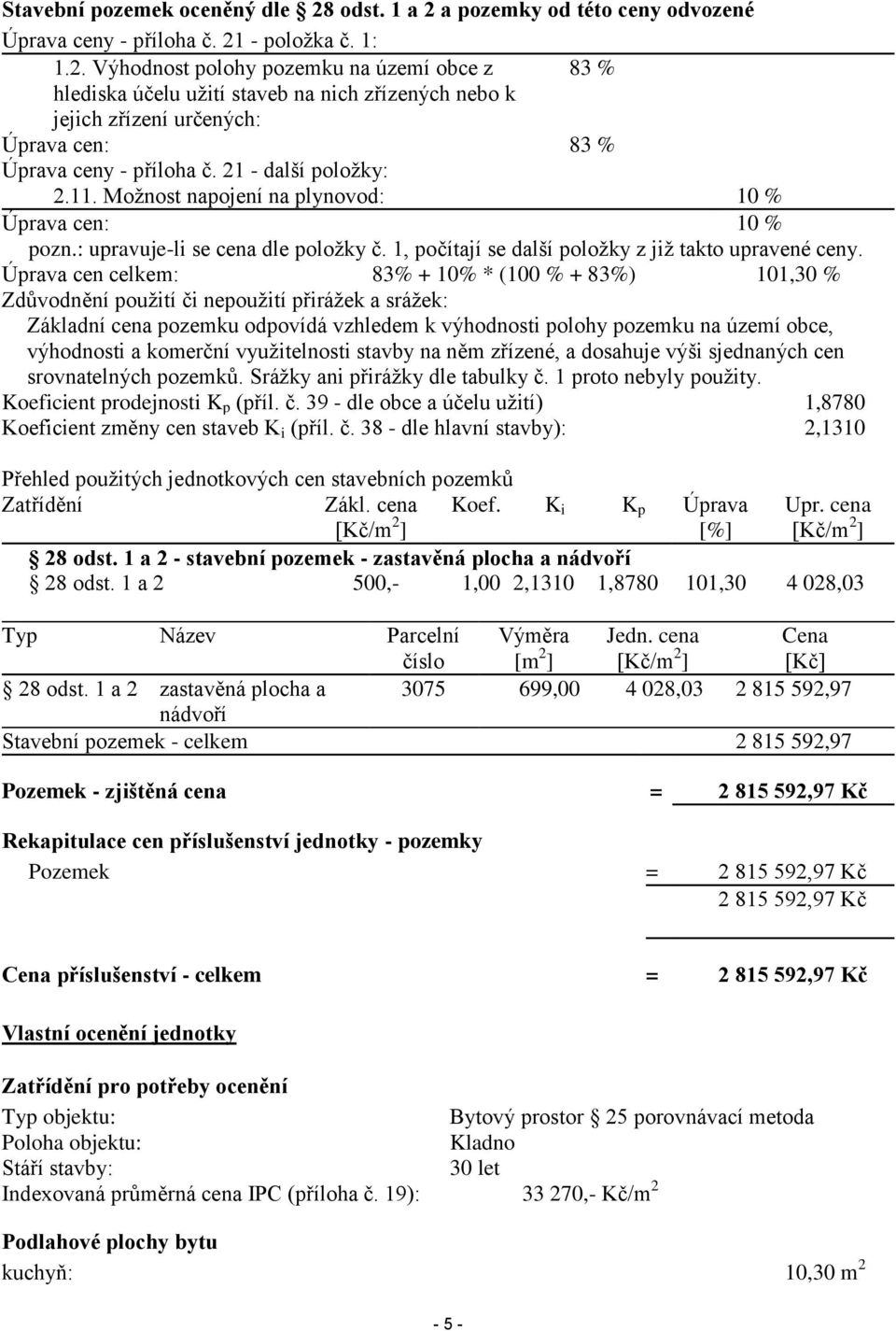 Úprava cen celkem: 83% + 10% * (100 % + 83%) 101,30 % Zdůvodnění použití či nepoužití přirážek a srážek: Základní cena pozemku odpovídá vzhledem k výhodnosti polohy pozemku na území obce, výhodnosti