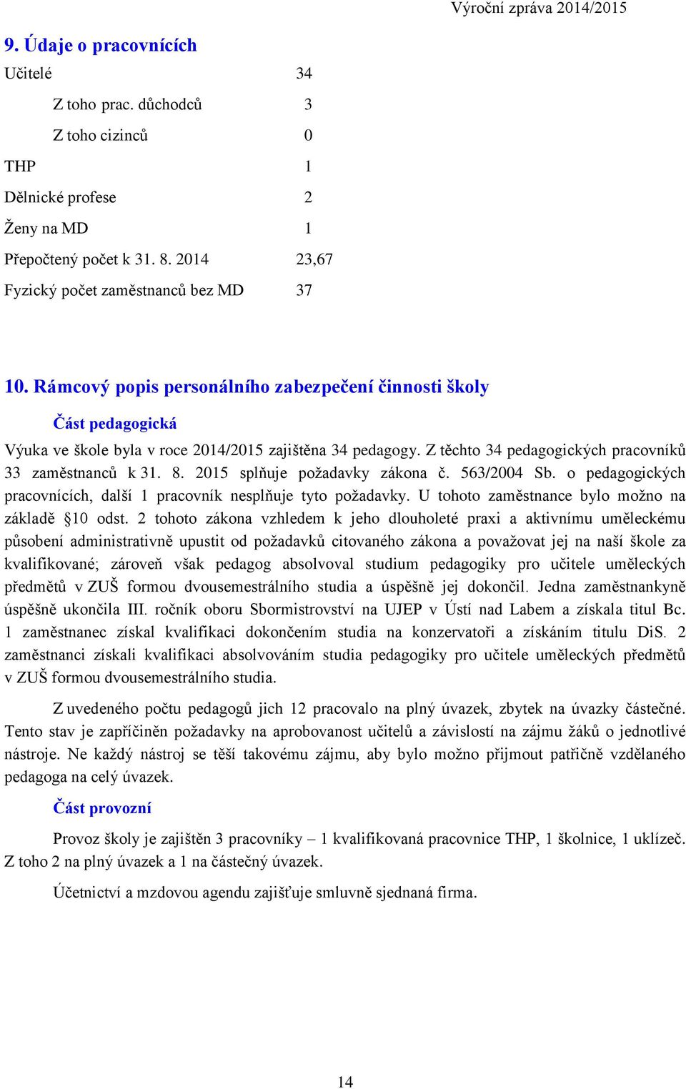 2015 splňuje požadavky zákona č. 563/2004 Sb. o pedagogických pracovnících, další 1 pracovník nesplňuje tyto požadavky. U tohoto zaměstnance bylo možno na základě 10 odst.