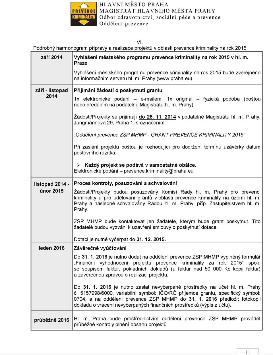 září - listopad 2014 Přijímání žádostí o poskytnutí grantu 1x elektronické podání e-mailem, 1x originál fyzická podoba (poštou nebo předáním na podatelnu Magistrátu hl. m.