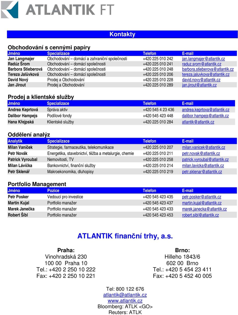 cz Tereza Jalvková Obchodování domácí spolenosti +420 225 010 206 tereza.jaluvkova@atlantik.cz David Nový Prodej a Obchodování +420 225 010 228 david.novy@atlantik.