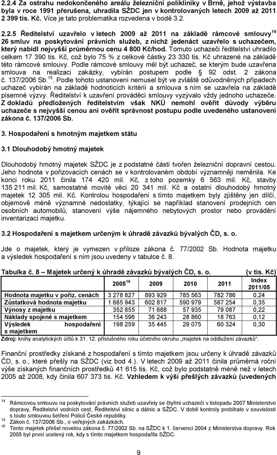 2.2.5 Ředitelství uzavřelo v letech 29 aţ 211 na základě rámcové smlouvy 14 26 smluv na poskytování právních sluţeb, z nichţ jedenáct uzavřelo s uchazečem, který nabídl nejvyšší průměrnou cenu 4 8