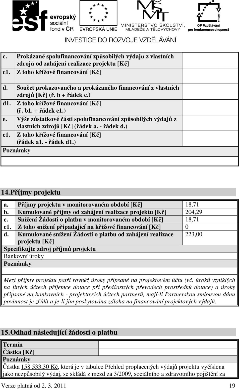 Výše zůstatkové části spolufinancování způsobilých výdajů z vlastních zdrojů [Kč] (řádek a. - řádek d.) e1. Z toho křížové financování [Kč] (řádek a1. - řádek d1.) Poznámky 14. Příjmy projektu a.