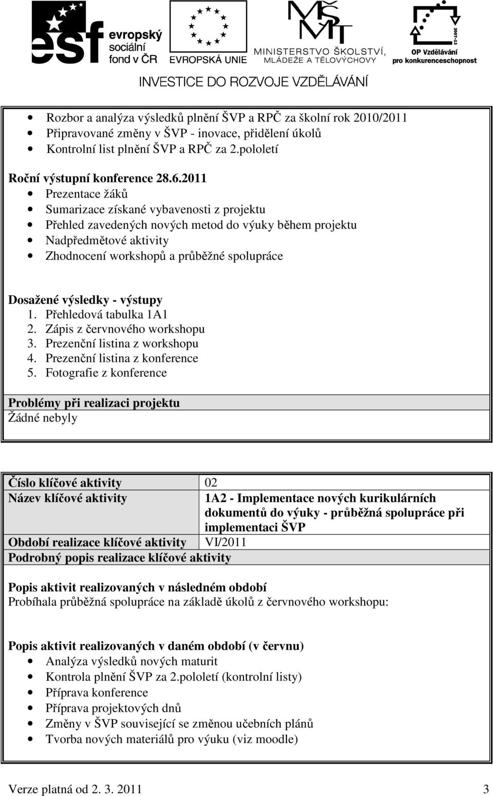 výsledky - výstupy 1. Přehledová tabulka 1A1 2. Zápis z červnového workshopu 3. Prezenční listina z workshopu 4. Prezenční listina z konference 5.