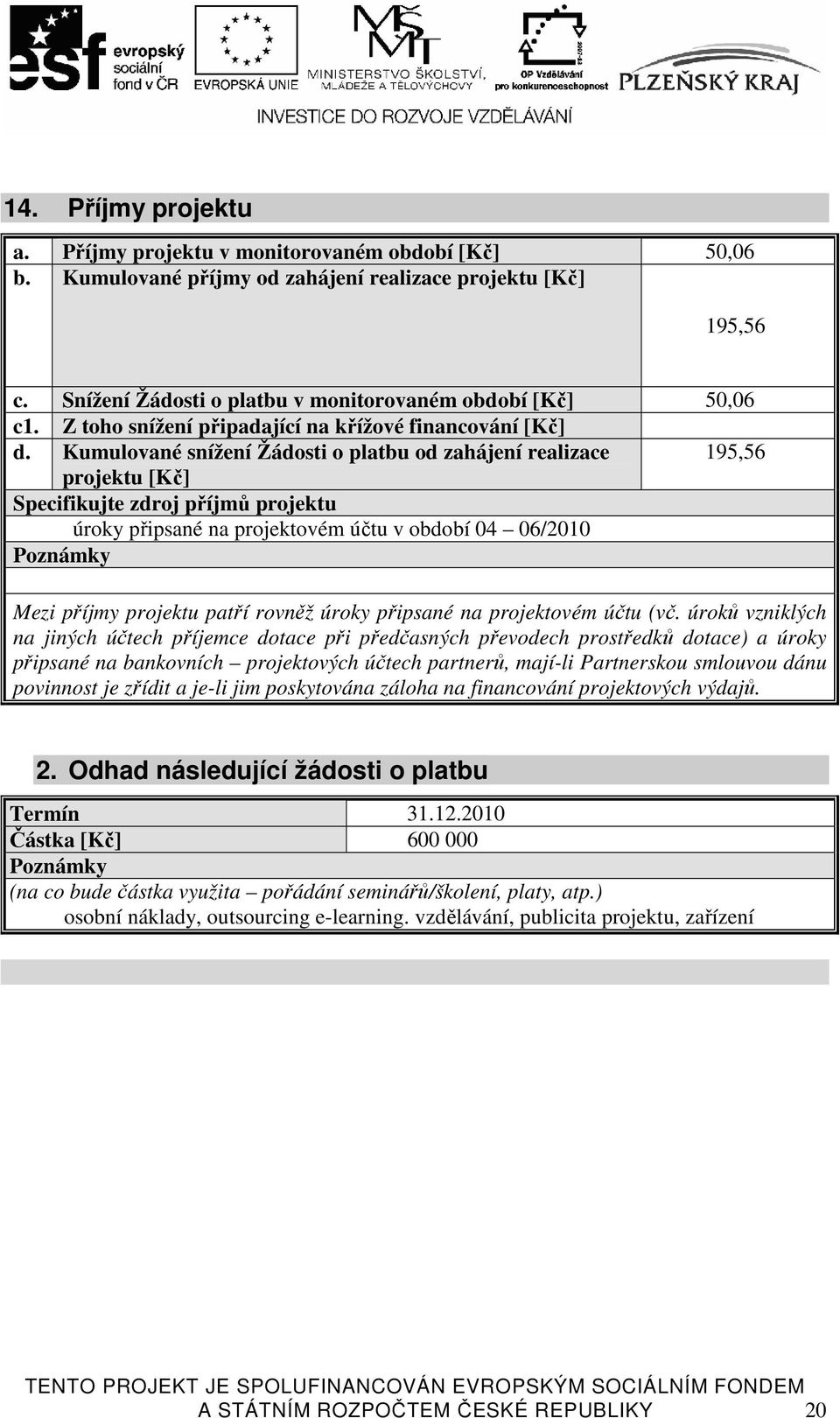 Kumulované snížení Žádosti o platbu od zahájení realizace 195,56 projektu [Kč] Specifikujte zdroj příjmů projektu úroky připsané na projektovém účtu v období 4 6/21 Poznámky Mezi příjmy projektu