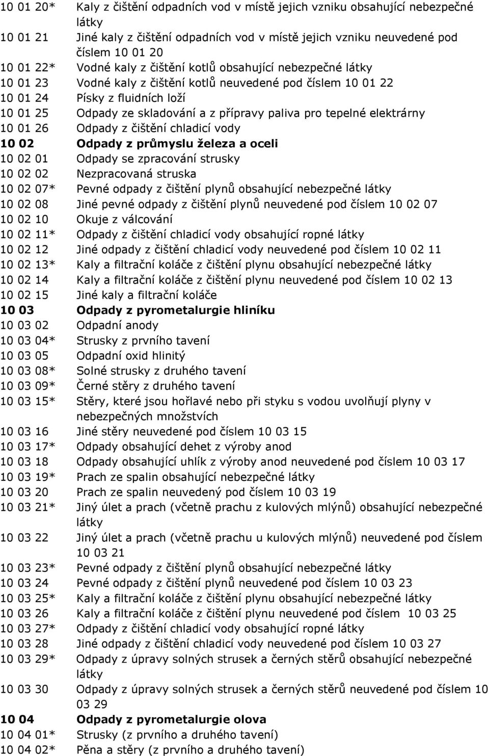 elektrárny 10 01 26 Odpady z čištění chladicí vody 10 02 Odpady z průmyslu ţeleza a oceli 10 02 01 Odpady se zpracování strusky 10 02 02 Nezpracovaná struska 10 02 07* Pevné odpady z čištění plynů