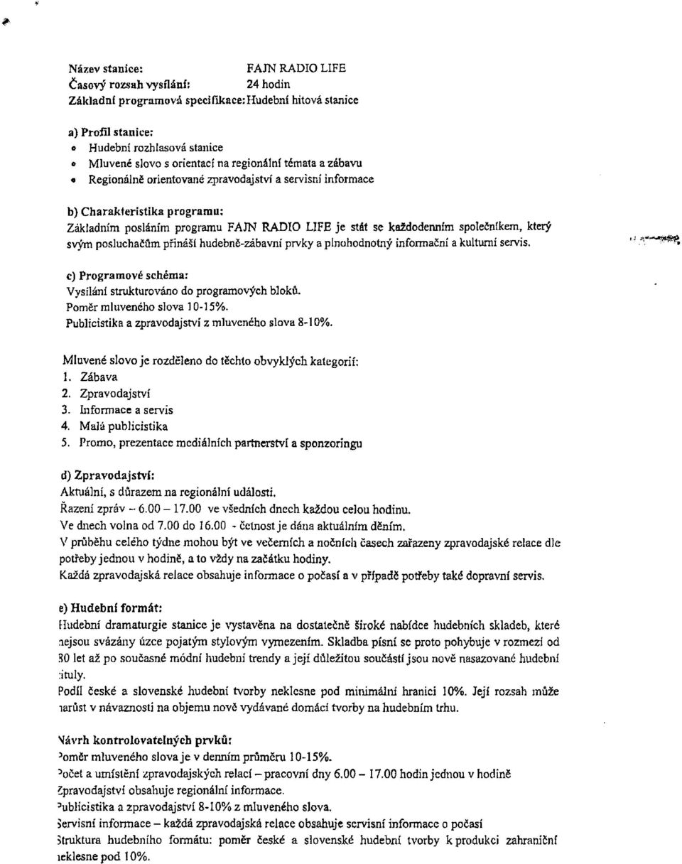 svým posluchačům přináší hudebnč-zábavní prvky a plnohodnotný informační a kulturní servis. c) Programové schéma: Vysílání strukturováno do programových bloků. Poměr mluveného slova 10-15%.