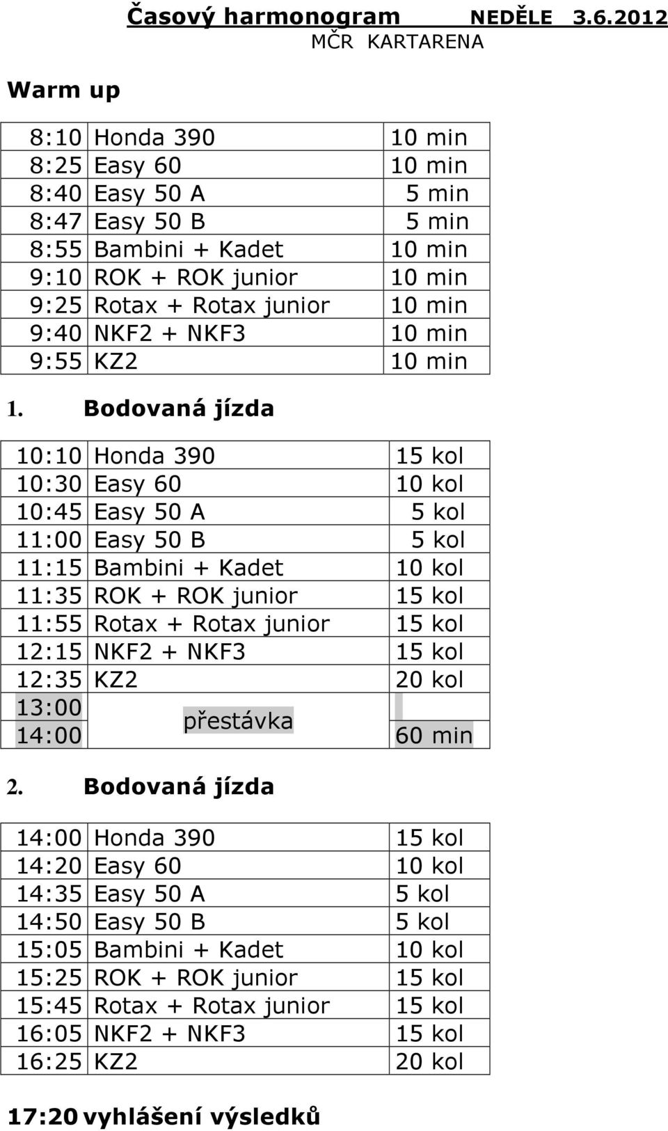 min 9:40 NKF2 + NKF3 10 min 9:55 KZ2 10 min 1.