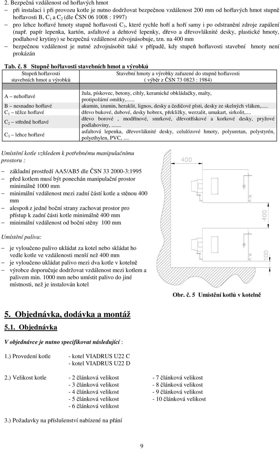 papír lepenka, kartón, asfaltové a dehtové lepenky, dřevo a dřevovláknité desky, plastické hmoty, podlahové krytiny) se bezpečná vzdálenost zdvojnásobuje, tzn.