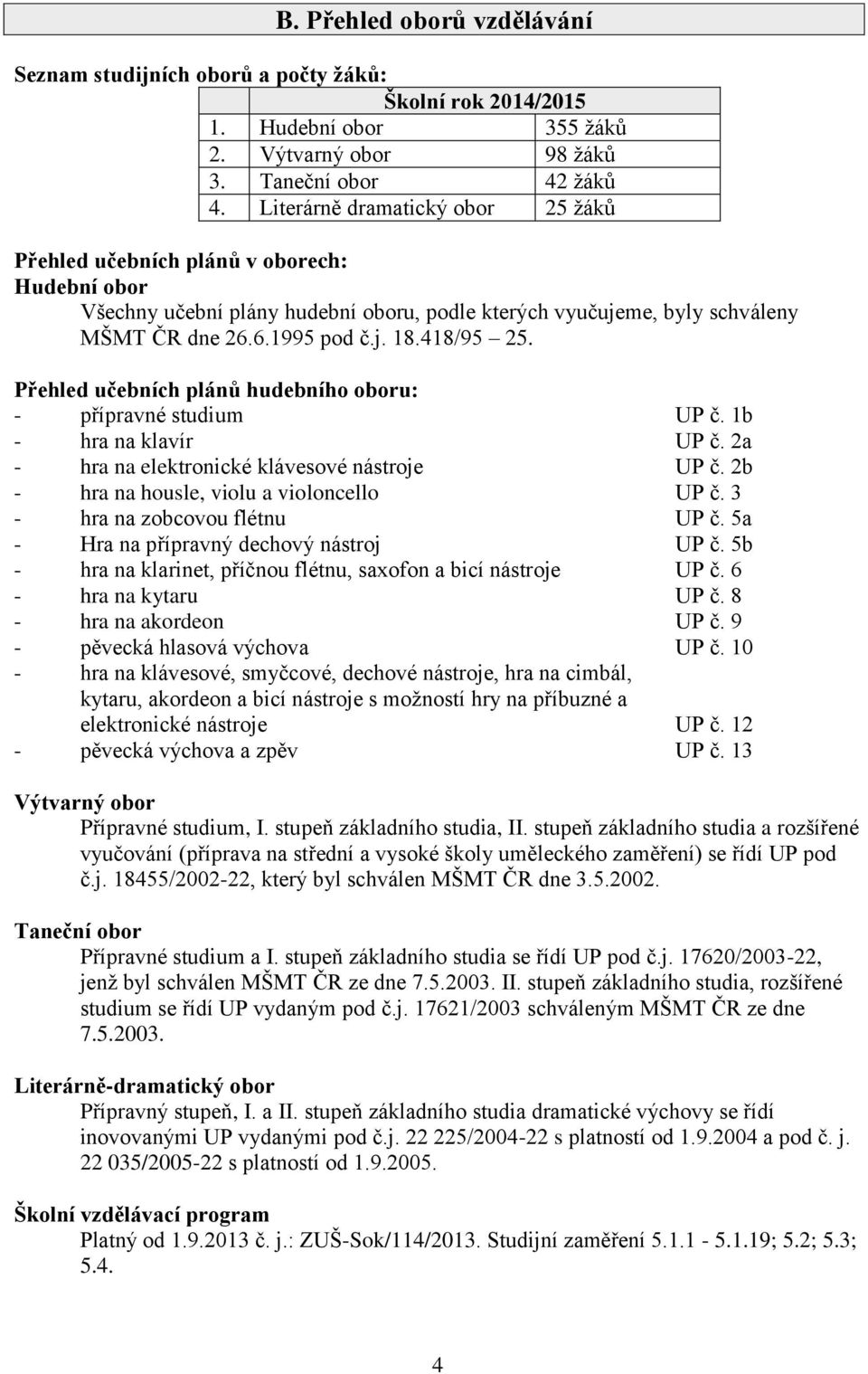 418/95 25. Přehled učebních plánů hudebního oboru: - přípravné studium UP č. 1b - hra na klavír UP č. 2a - hra na elektronické klávesové nástroje UP č. 2b - hra na housle, violu a violoncello UP č.