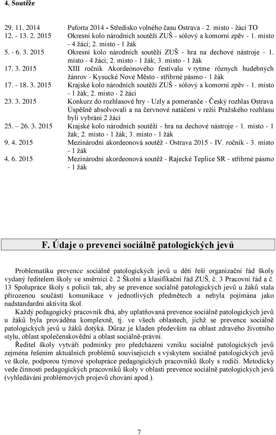 - 18. 3. 2015 Krajské kolo národních soutěží ZUŠ - sólový a komorní zpěv - 1. místo - 1 žák; 2. místo - 2 žáci 23. 3. 2015 Konkurz do rozhlasové hry - Uzly a pomeranče - Český rozhlas Ostrava Úspěšně absolvovali a na červnové natáčení v režii Pražského rozhlasu byli vybráni 2 žáci 25.