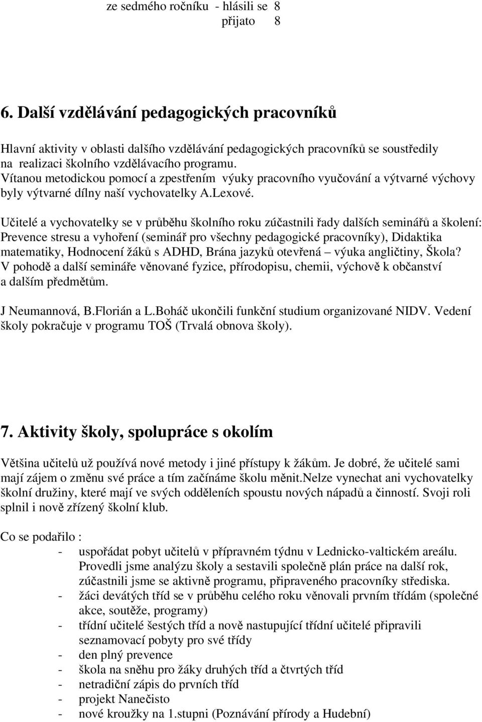 Vítanou metodickou pomocí a zpestením výuky pracovního vyuování a výtvarné výchovy byly výtvarné dílny naší vychovatelky A.Lexové.