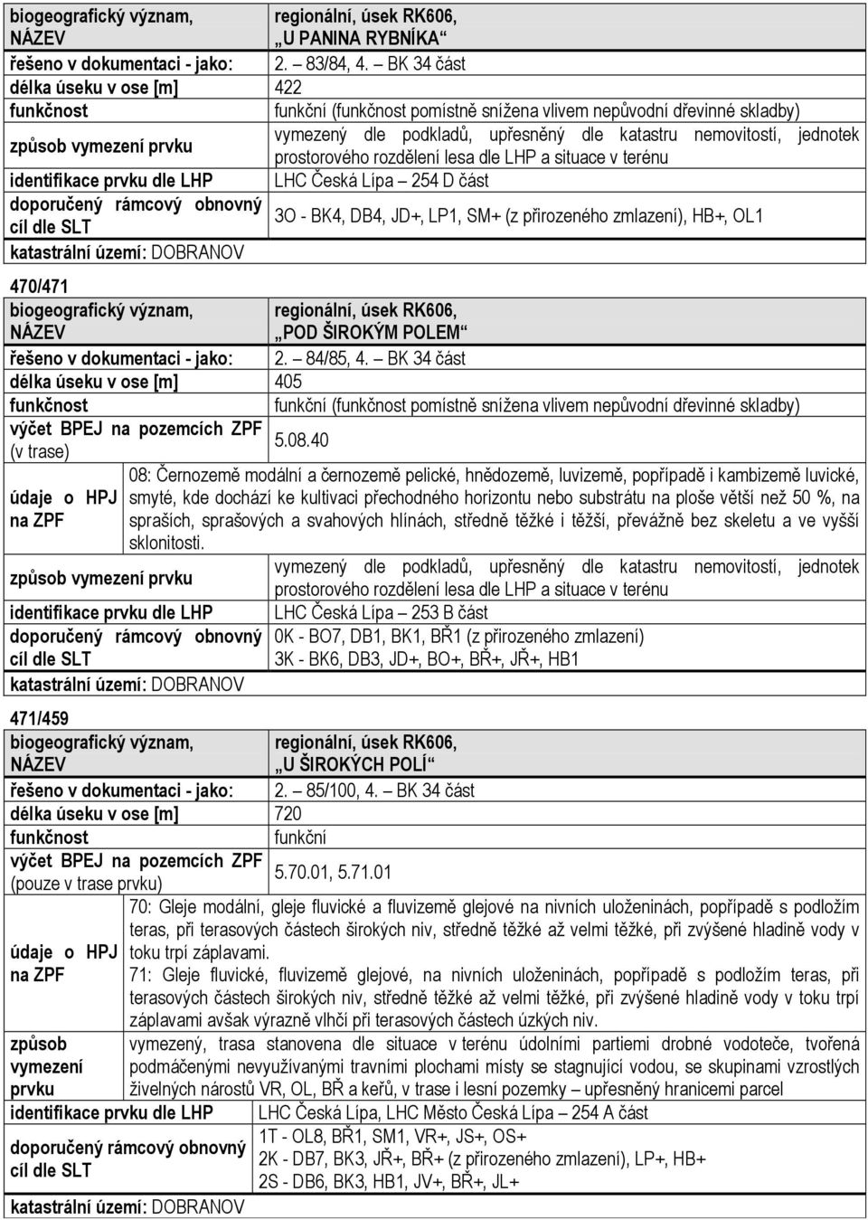 Česká Lípa 254 D část 3O - BK4, DB4, JD+, LP1, SM+ (z přirozeného zmlazení), HB+, OL1 katastrální území: DOBRANOV 470/471 regionální, úsek RK606, POD ŠIROKÝM POLEM řešeno v dokumentaci - jako: 2.