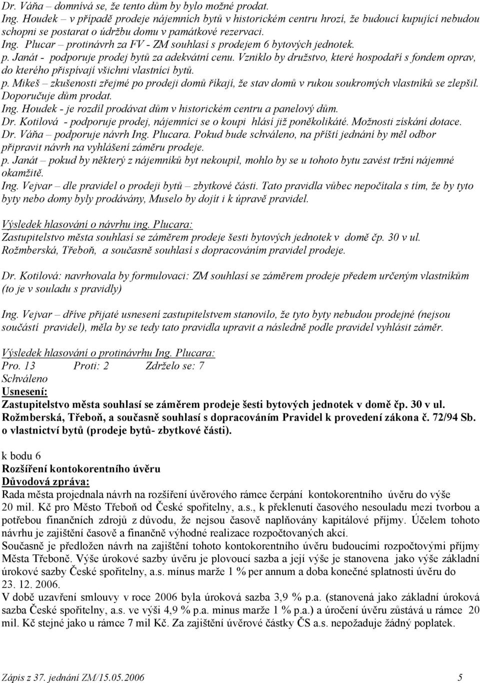 Plucar protinávrh za FV - ZM souhlasí s prodejem 6 bytových jednotek. p. Janát - podporuje prodej bytů za adekvátní cenu.