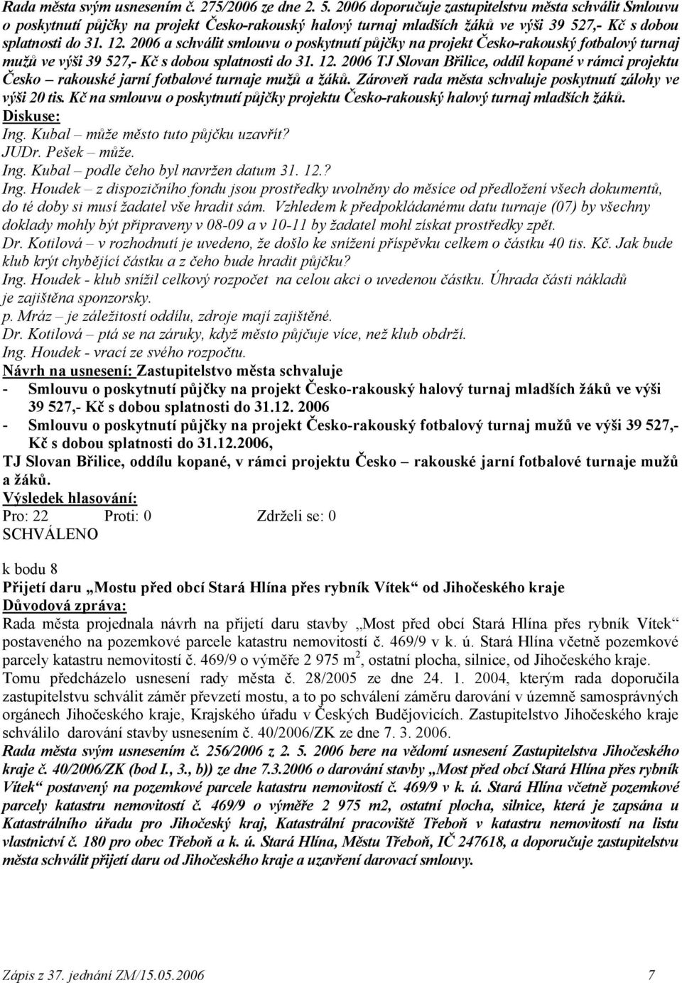 2006 a schválit smlouvu o poskytnutí půjčky na projekt Česko-rakouský fotbalový turnaj mužů ve výši 39 527,- Kč s dobou splatnosti do 31. 12.